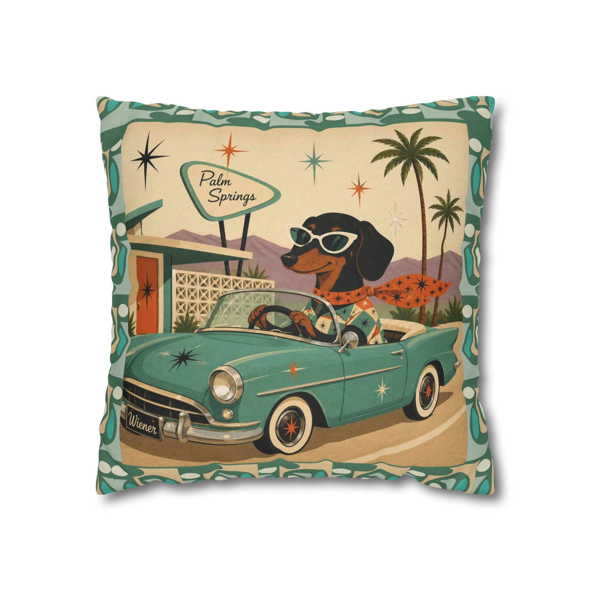 Retro Dachshund Driving Convertible Pillowcase | Palm Springs Vintage Car - COVER ONLY