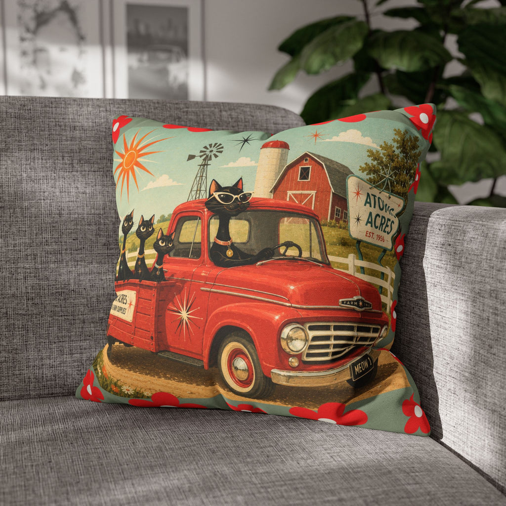 Retro Red Truck with Atomic Black Cats and kittens Pillowcase | MCM Square Pillowcase - COVER ONLY