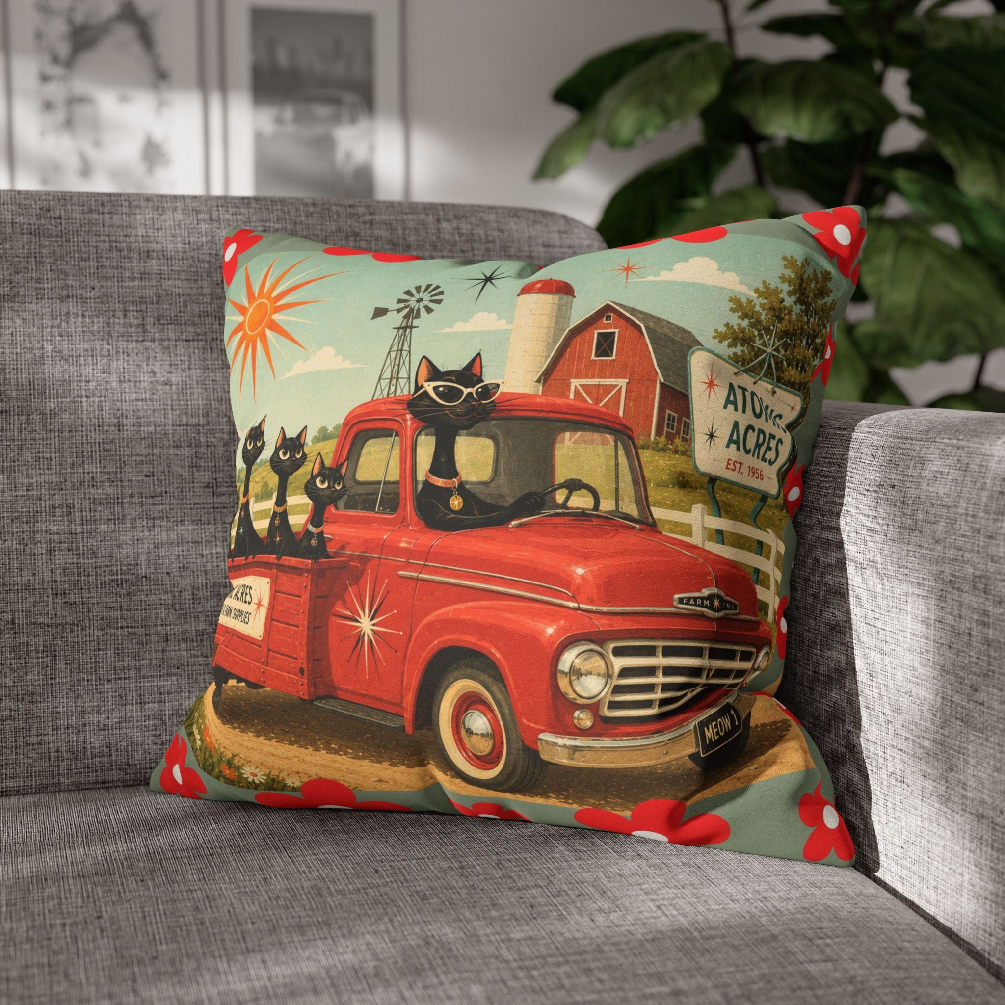 Retro Red Truck with Atomic Black Cats and kittens Pillowcase | MCM Square Pillowcase - COVER ONLY