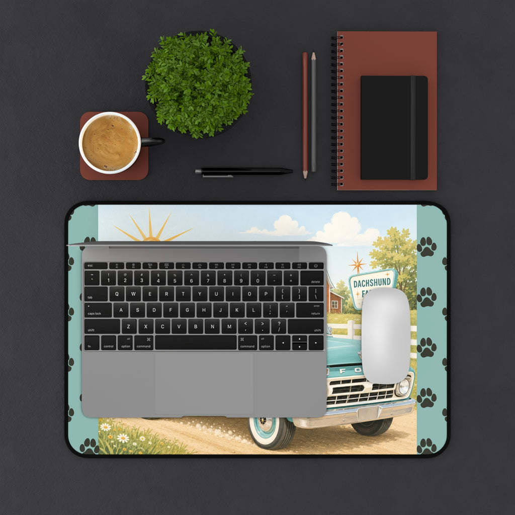 MCM Dachshund Farm Truck Desk Mat | Retro Puppy Road Trip Mouse Pad