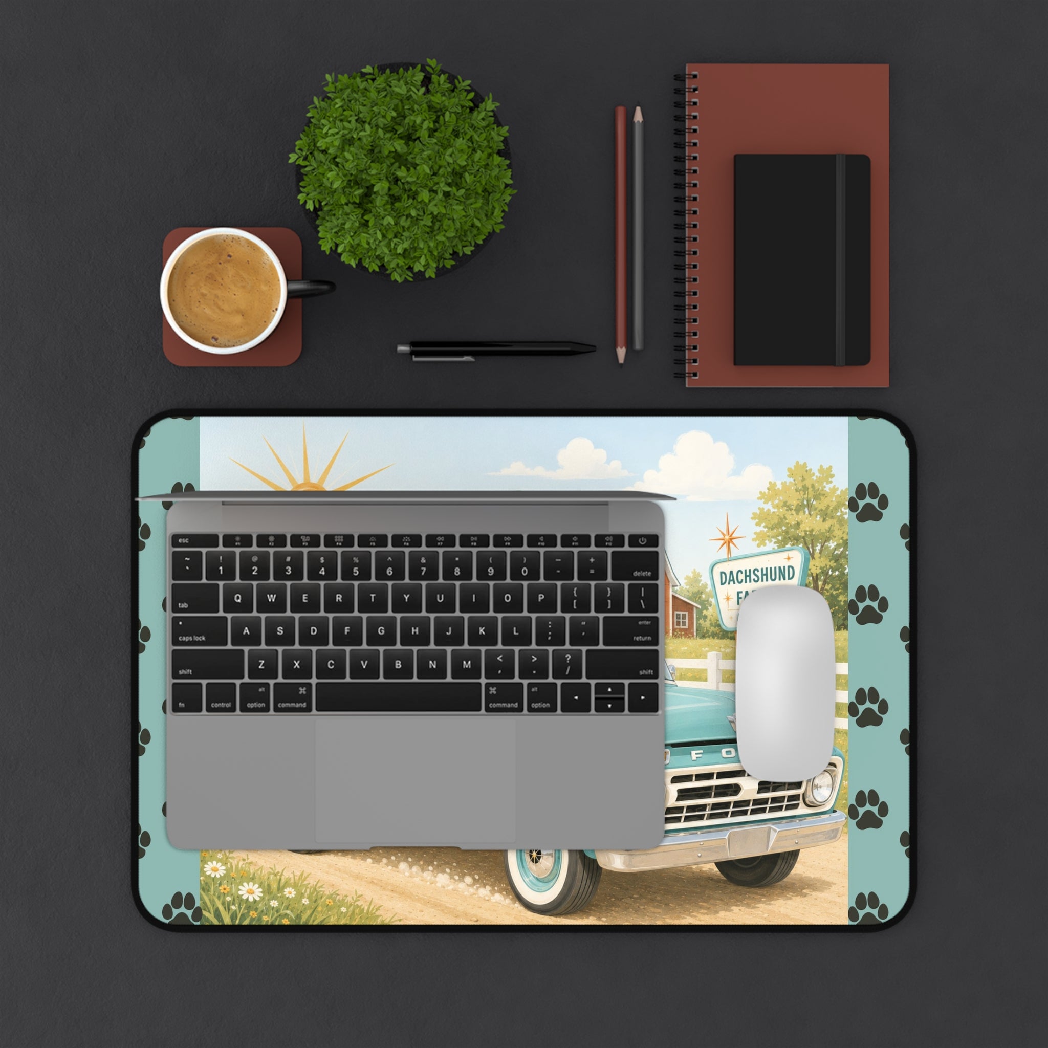 MCM Dachshund Farm Truck Desk Mat | Retro Puppy Road Trip Mouse Pad