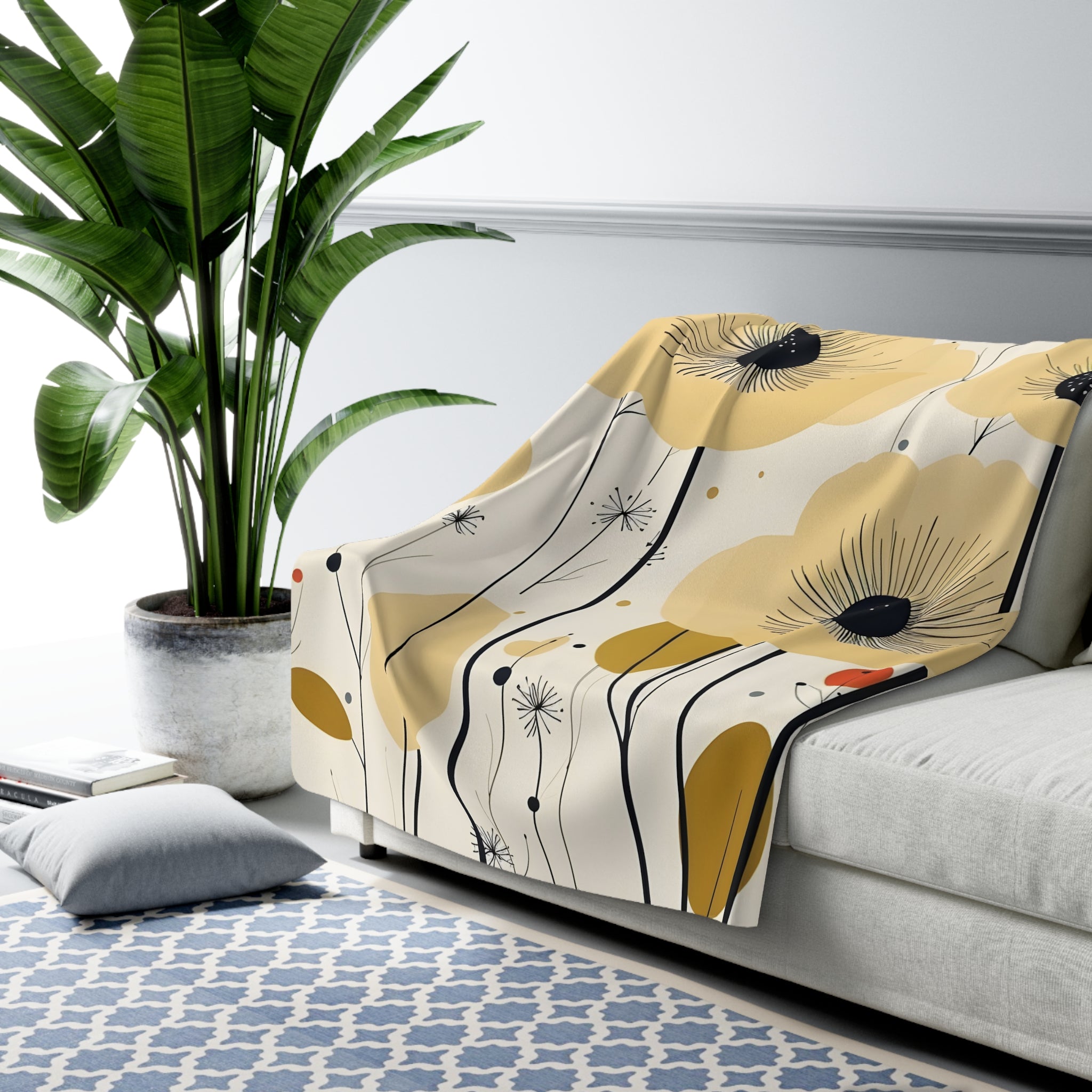 Yellow Poppy's Mid Century Modern Sherpa Fleece Blanket, retro floral, MCM throw couch bed blanket
