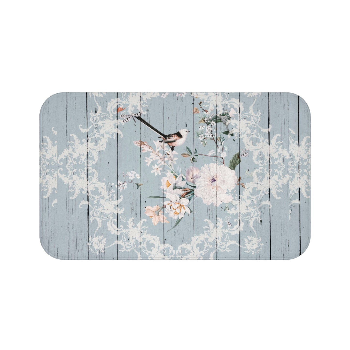 Shabby Chic Blue printed wood look Bath Mat with Birds and Blossoms, vintage inspired, floral bathroom decor