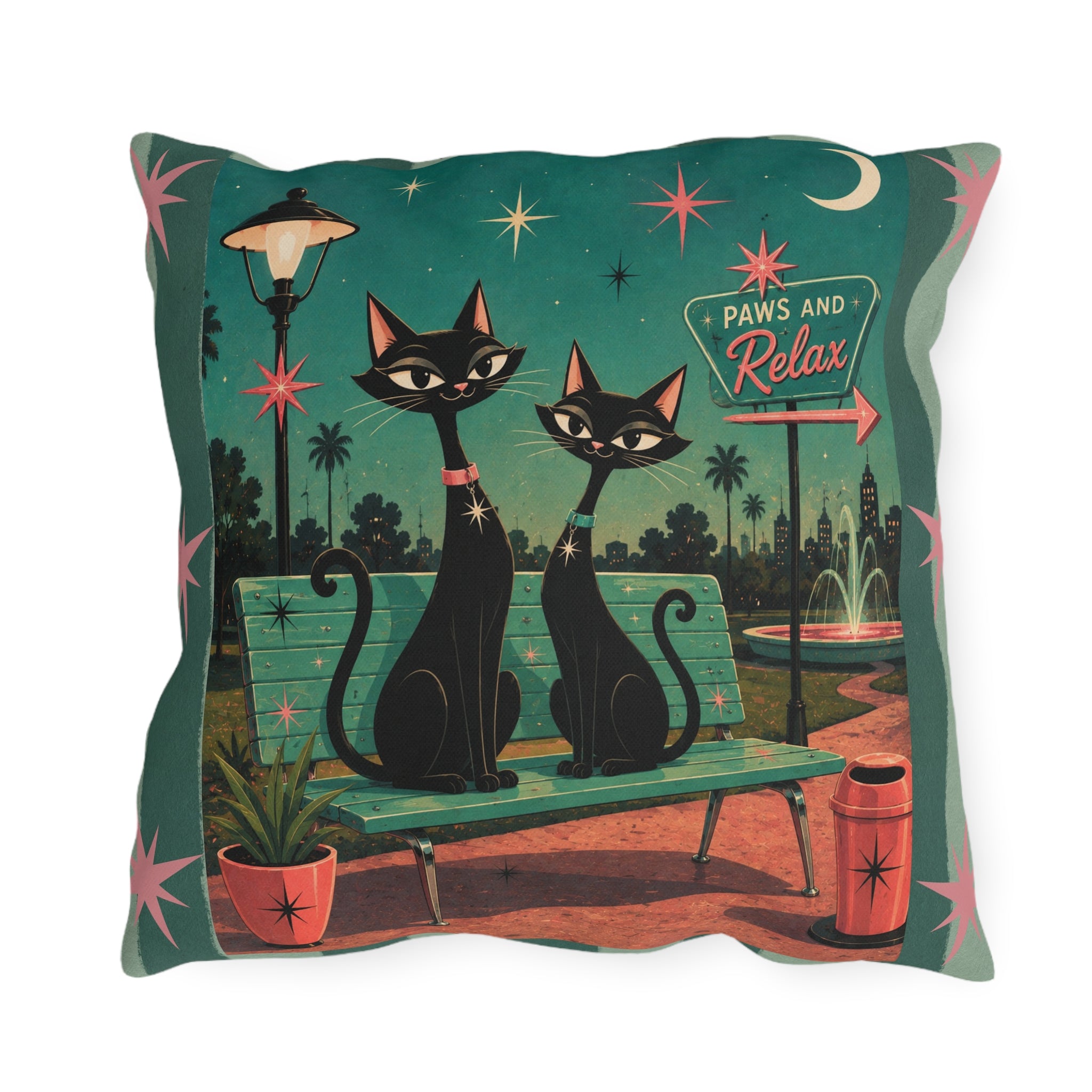 Retro Black Cats Outdoor Pillow | Mid Century Park 'Paws and Relax'