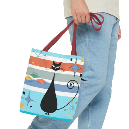 Atomic cat retro tote bag, black cat lover, mid century modern tote carry bag