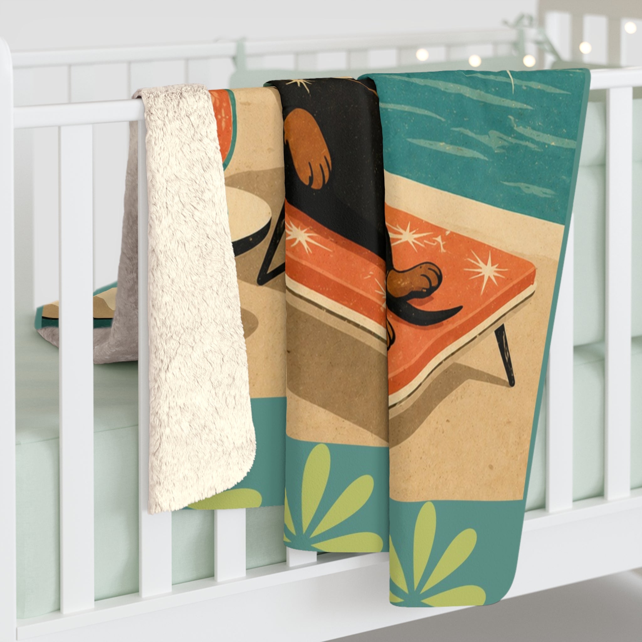 Retro Dachshund Poolside Lounge Sherpa Fleece Blanket | Mid Century Dog Summer