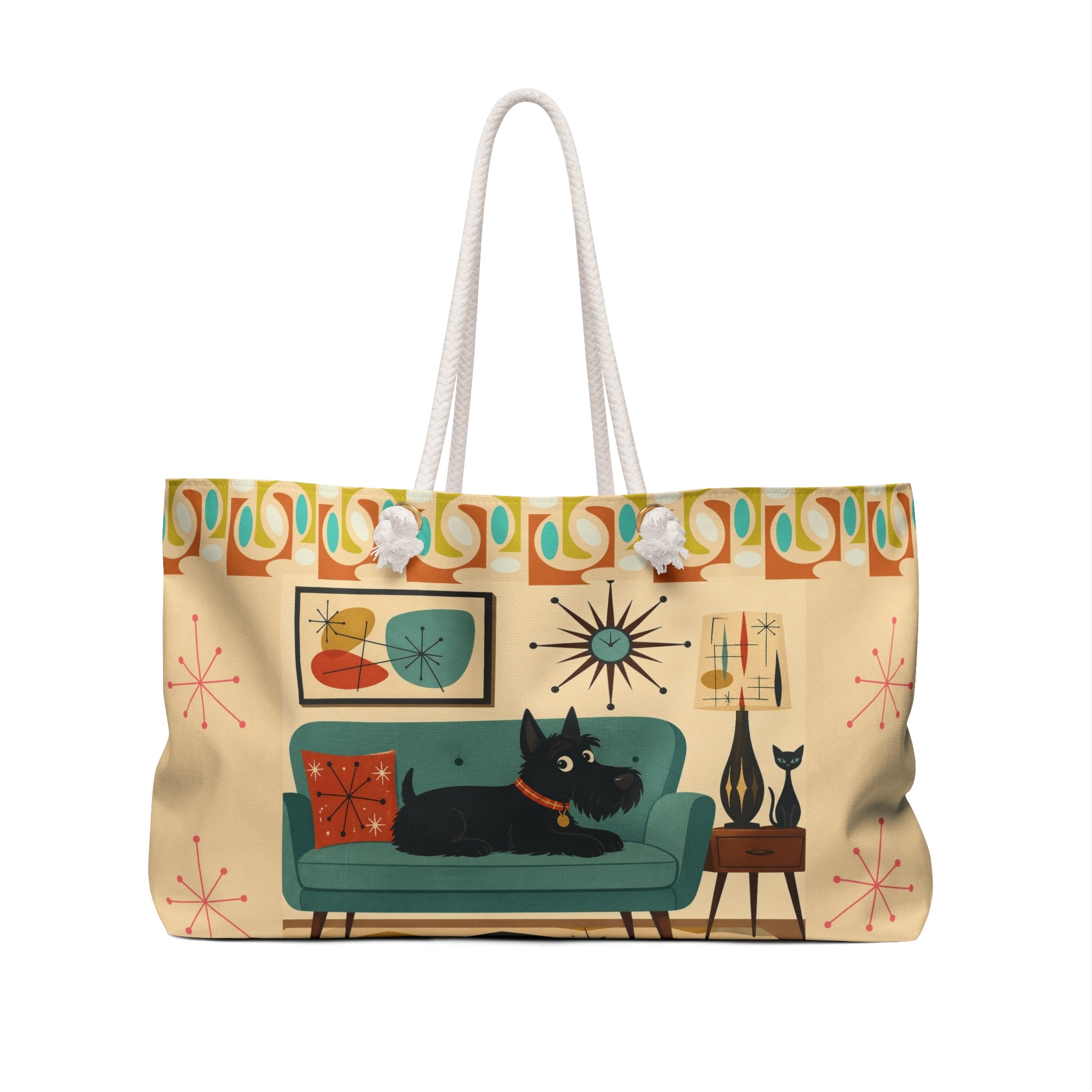 Mid Century Living Room Scottie Dog Weekender Bag | Retro Atomic Home Decor Tote