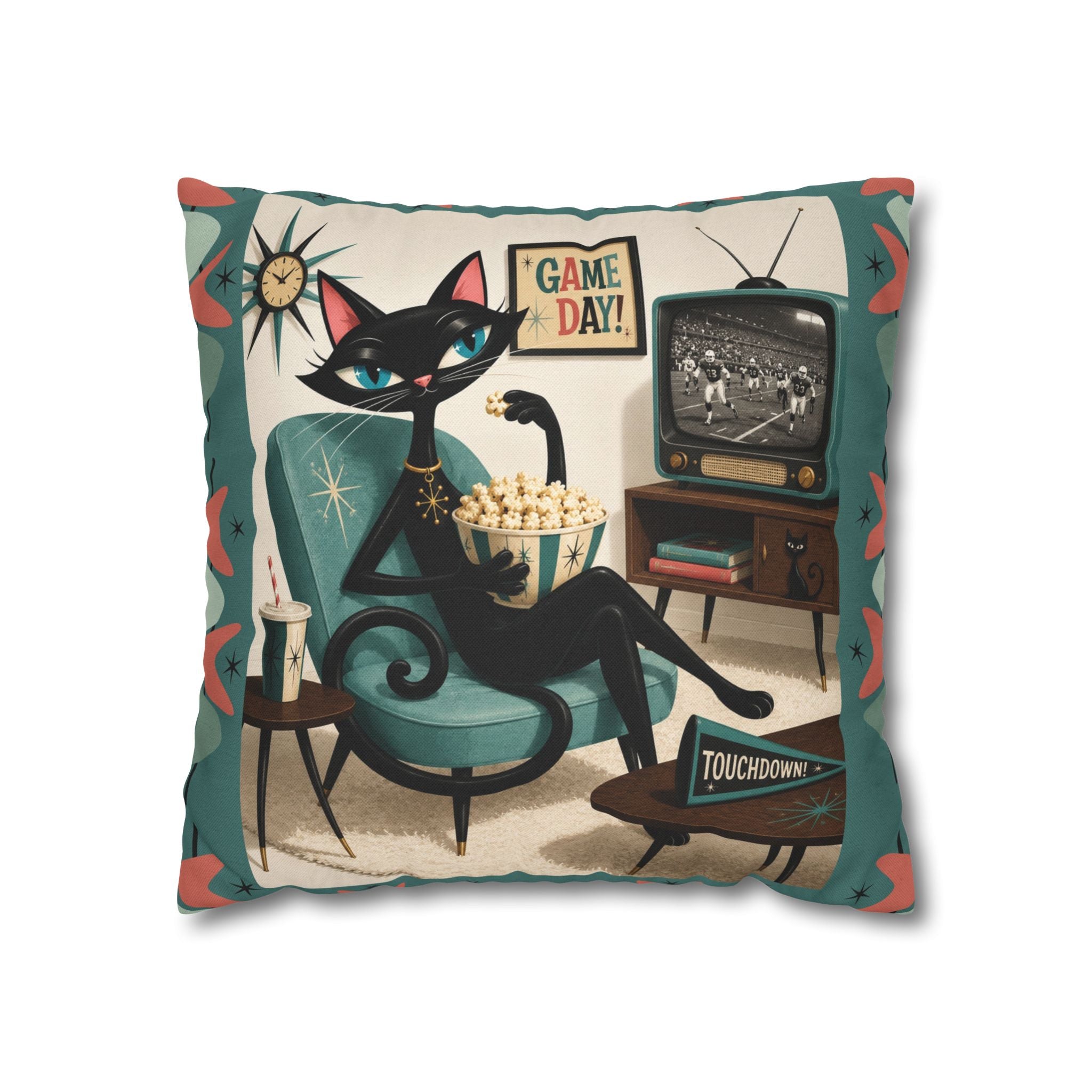 Retro Atomic Black Cat Watching Football Pillowcase | MCM Square Throw Pillowcase - Indoor use