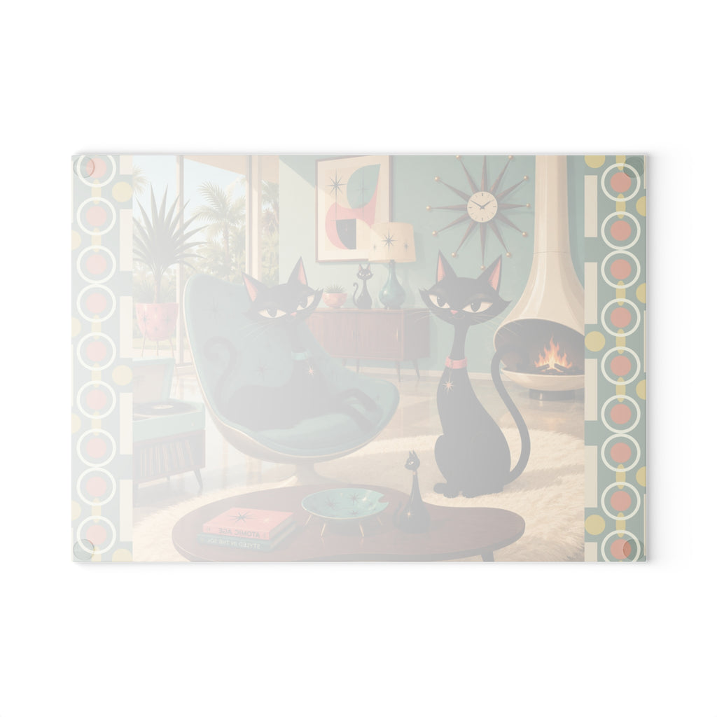 Mid Century Black Atomic Cats Glass Cutting Board | Retro Living Room Art