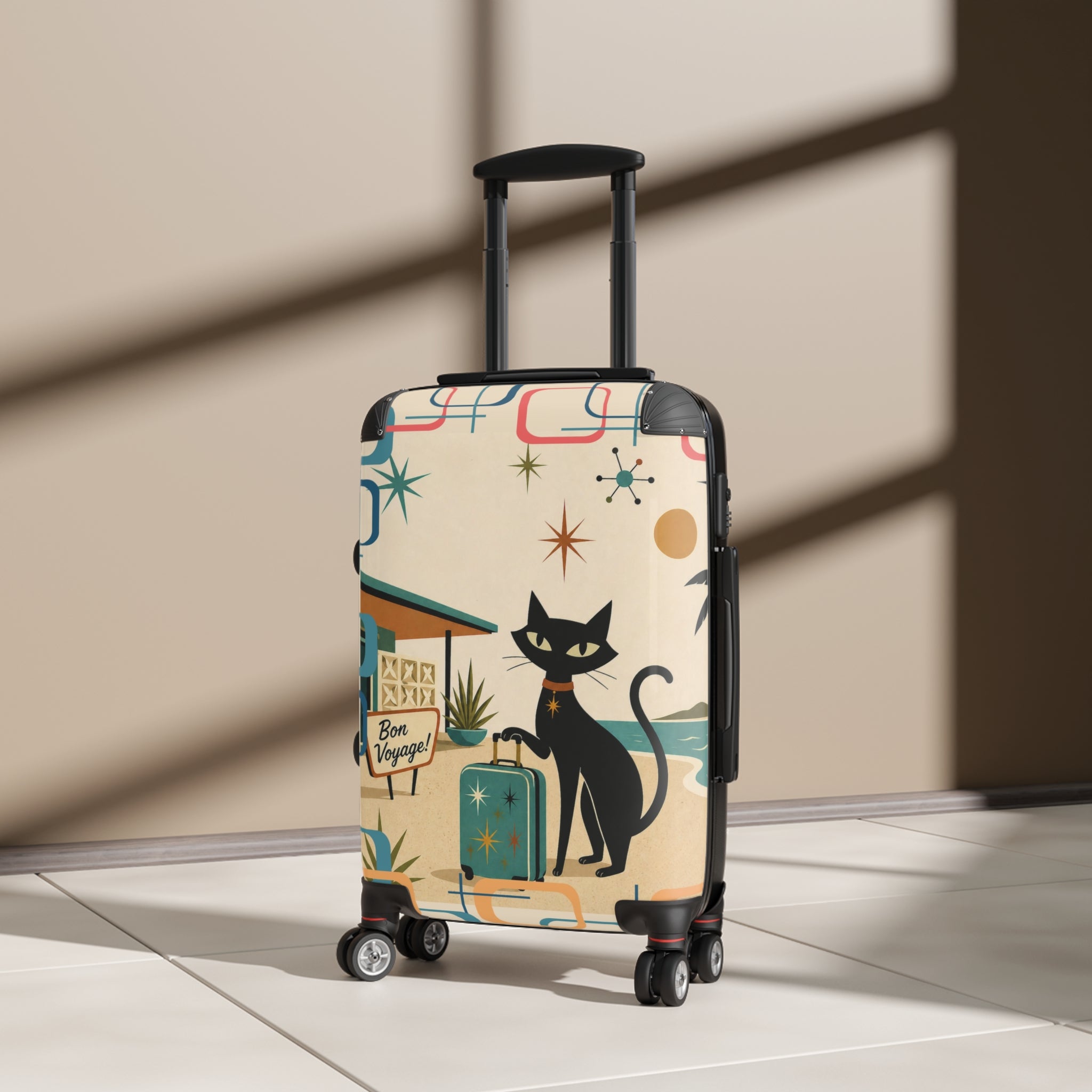 Retro Black Atomic Cat Beach Suitcase | Mid Century Travel Luggage