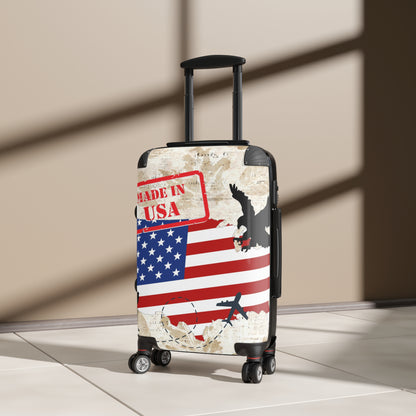 Made in the USA Suitcase on wheels, carry on luggage, travel for holidays, patriotic design, American hard shell lockable case