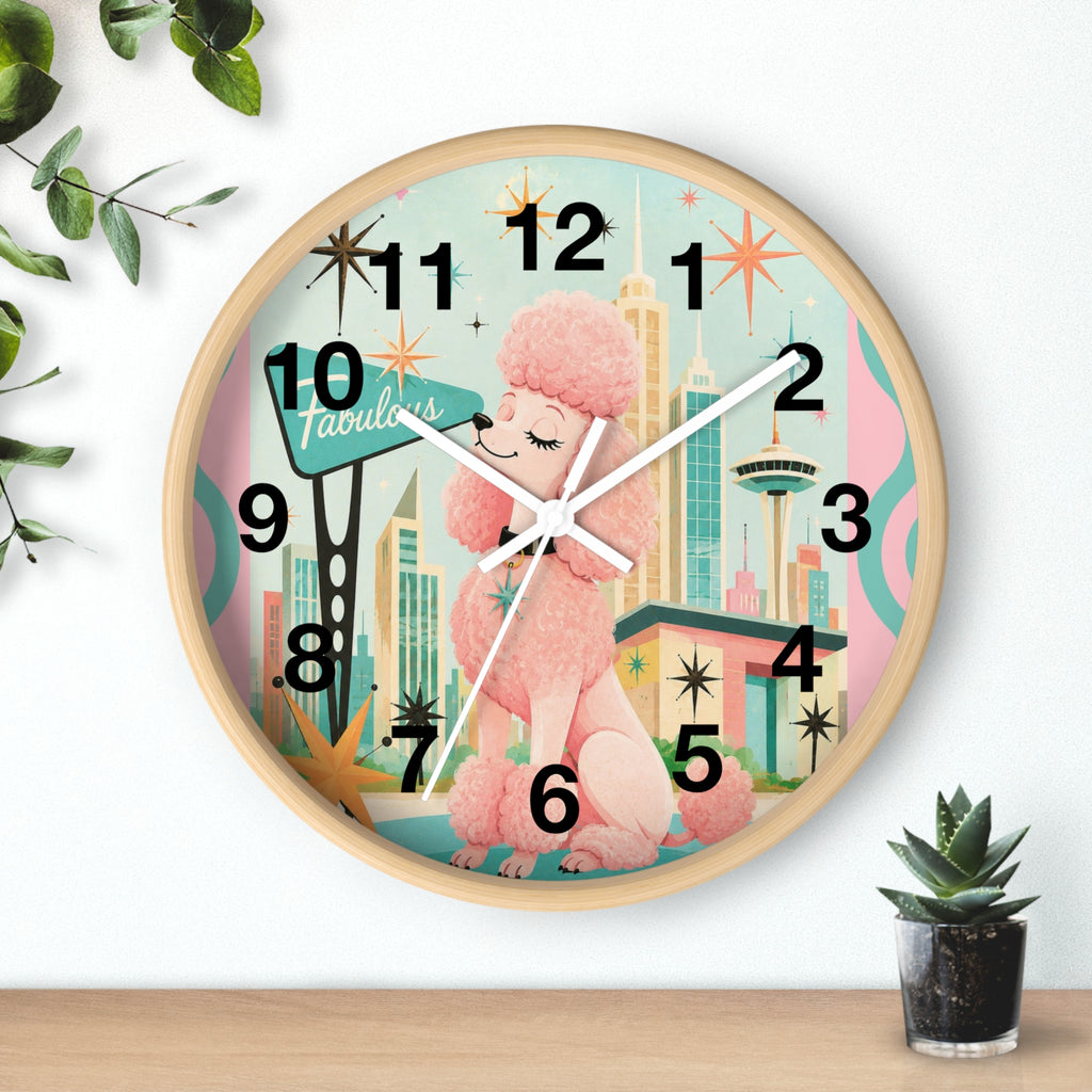 Pink Retro Poodle Wall Clock | Mid Century Atomic City Scene