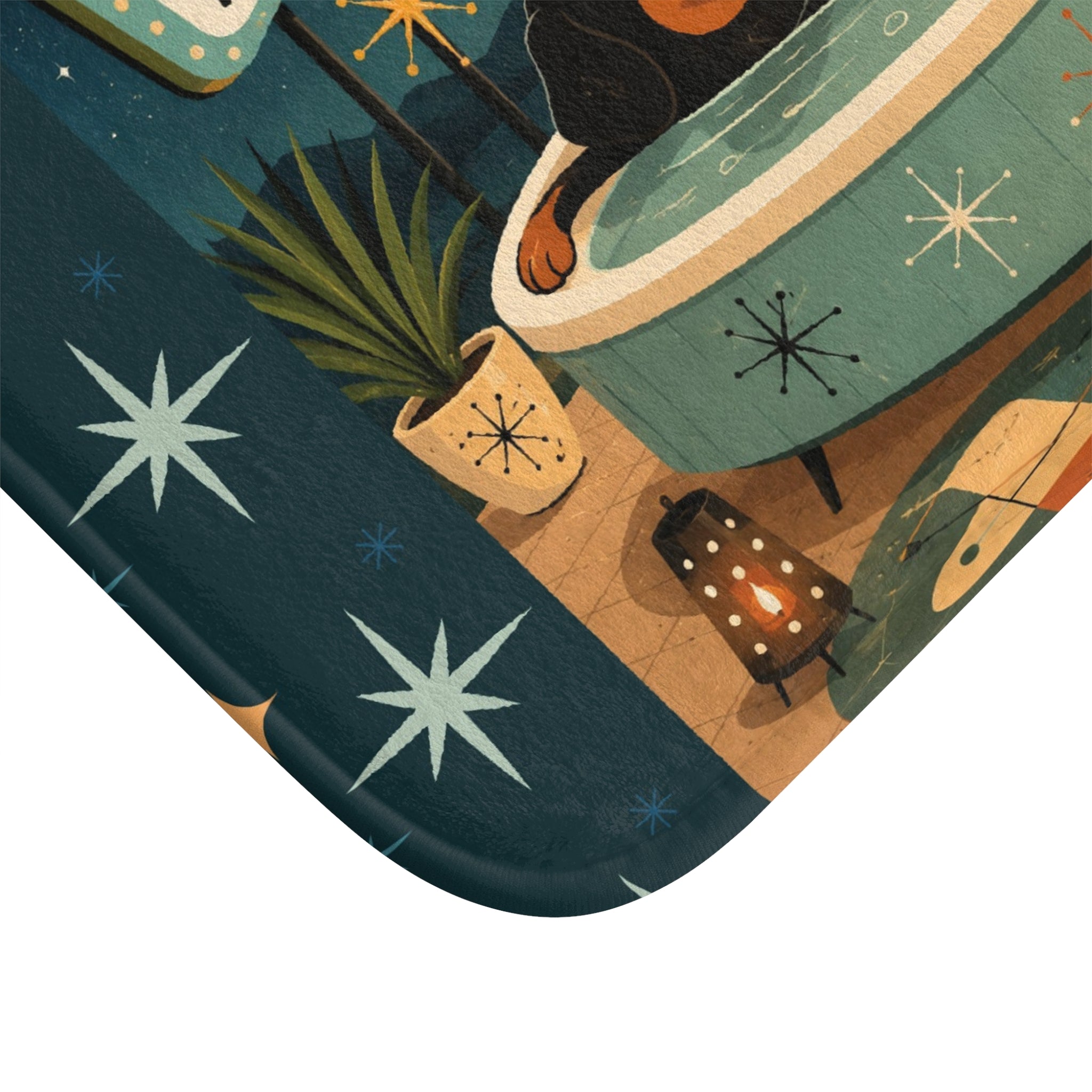 MCM Relaxed Dachshund in Bathtub Bath Mat | Retro Night Stars Spa