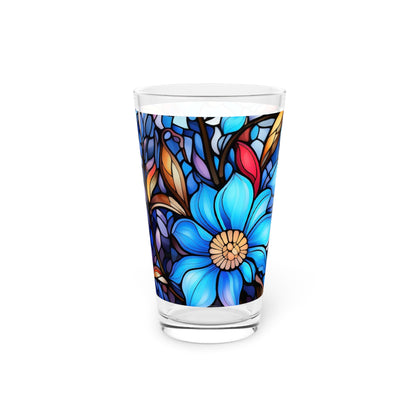 Blue flower stained glass (look only) Pint Glass, 16oz (Price is per glass)