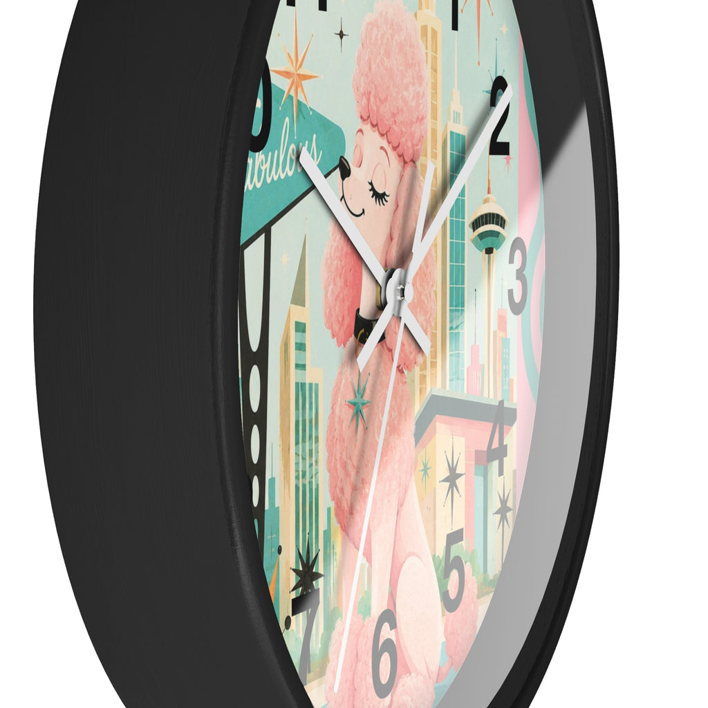Pink Retro Poodle Wall Clock | Mid Century Atomic City Scene