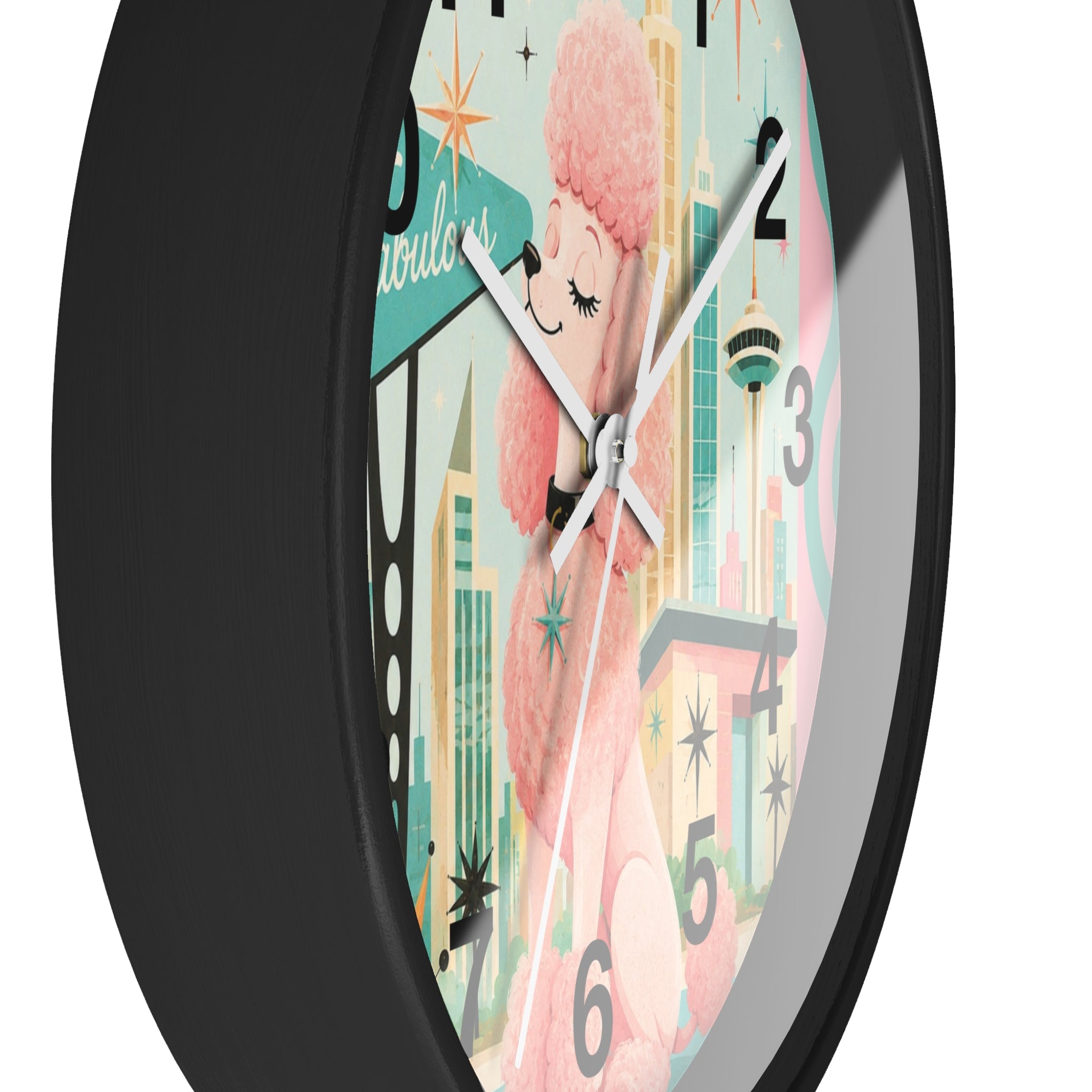 Pink Retro Poodle Wall Clock | Mid Century Atomic City Scene