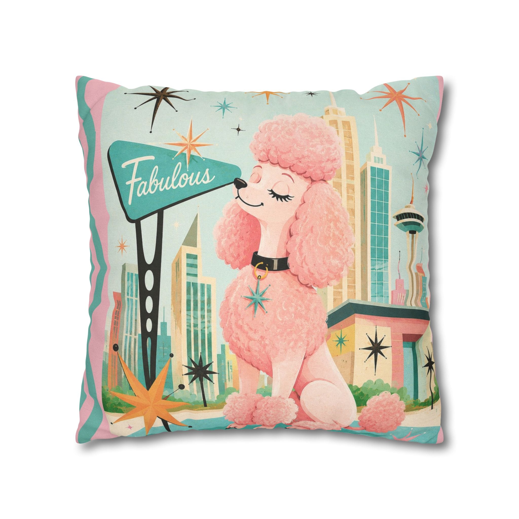Fabulous Pink Poodle Pillowcase Spun Polyester Square Pillowcase | Retro Mid-Century Dog - COVER ONLY
