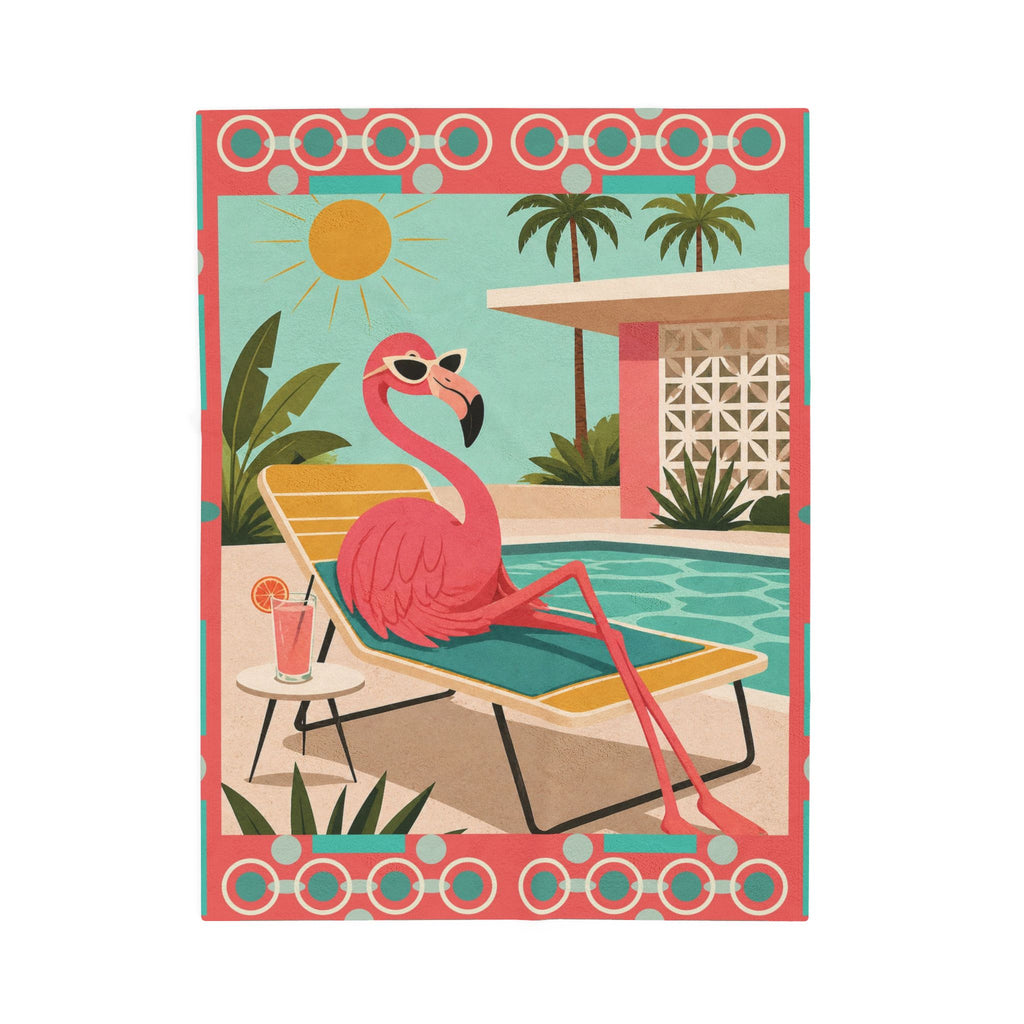 Retro Flamingo Poolside Velveteen Plush Blanket | Mid Century Tropical Design
