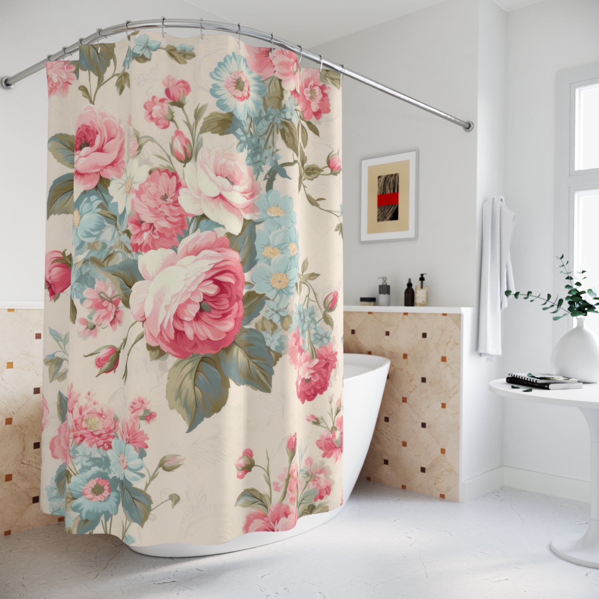 Blue and pink roses shabby chic shower curtain, vintage curtains, vintage bath decor, floral bathroom, flower curtains