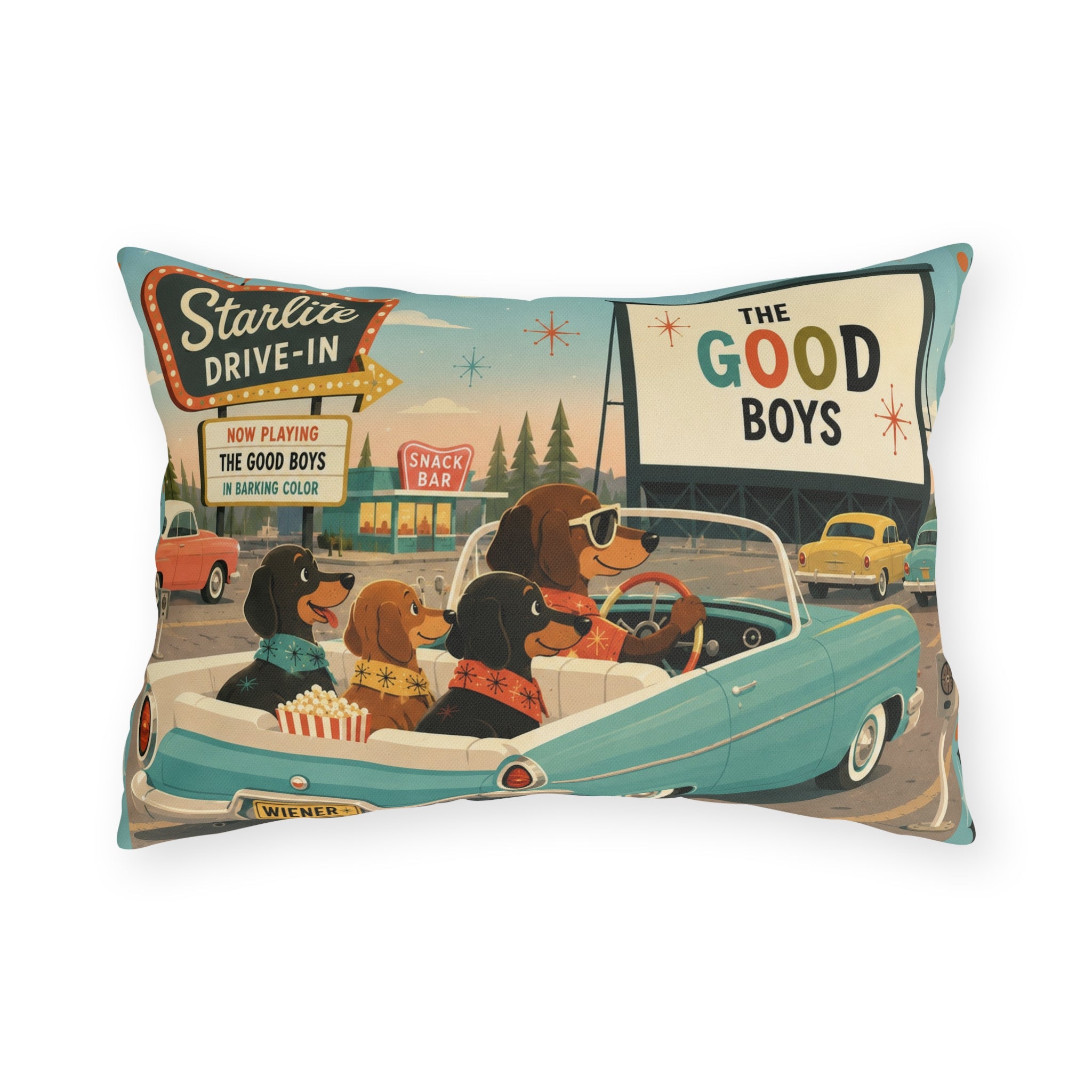 MCM Dachshund Drive-In Dogs Retro Art Outdoor Pillow | Vintage Movie Night