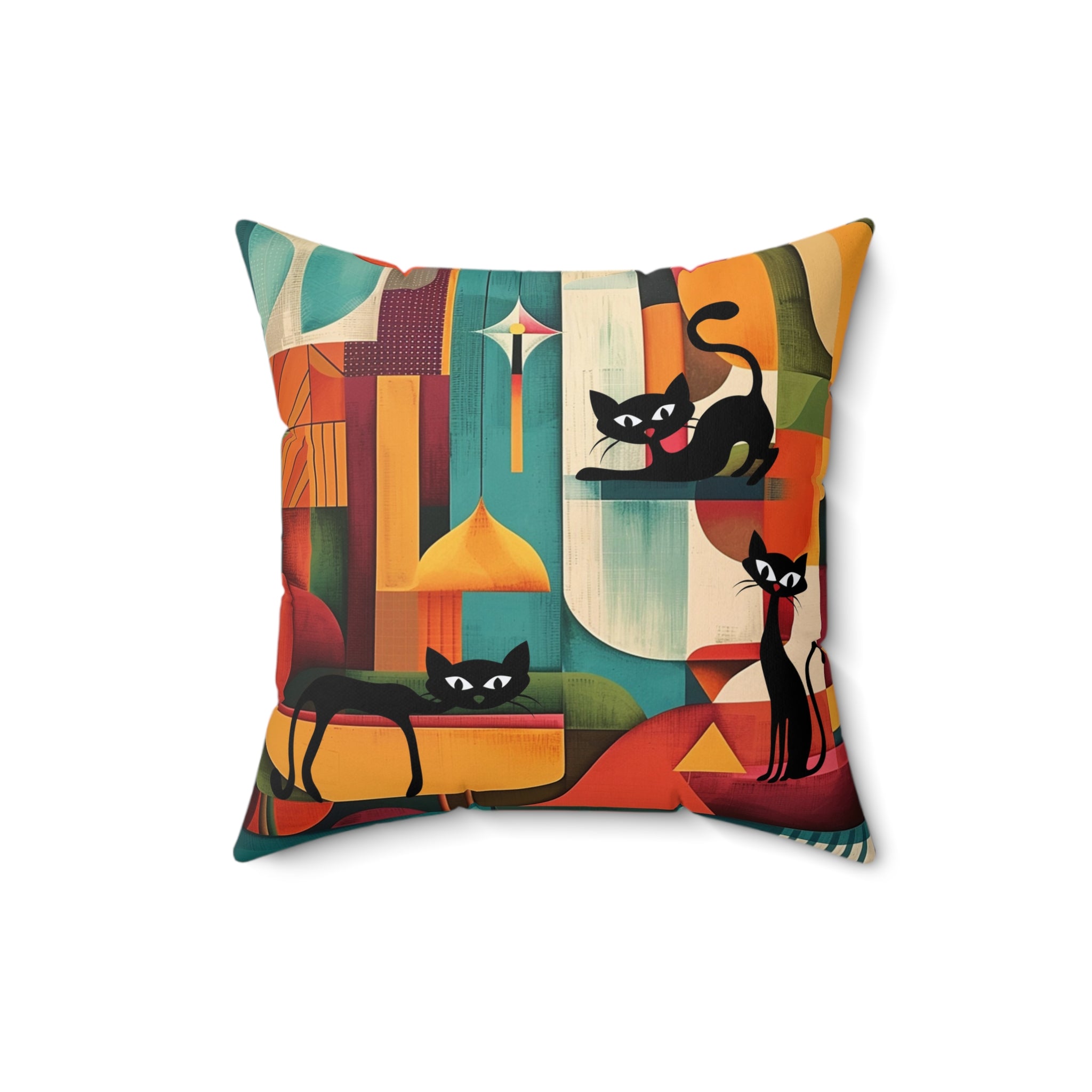 Atomic cat MCM Spun Polyester  Square Pillow, retro Mid Century Modern, black cat lover gift, 50s 60s, throw scatter cushion