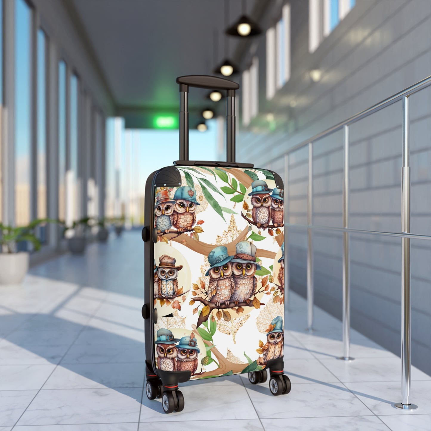 Cute Owl Suitcase on wheels, hard shell travel luggage secure and lockable for holidays, weekend, carry on suitcase