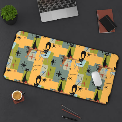 Atomic cat retro inspired Desk Mat, black cat lover, work from home, office decor, computer mousepad