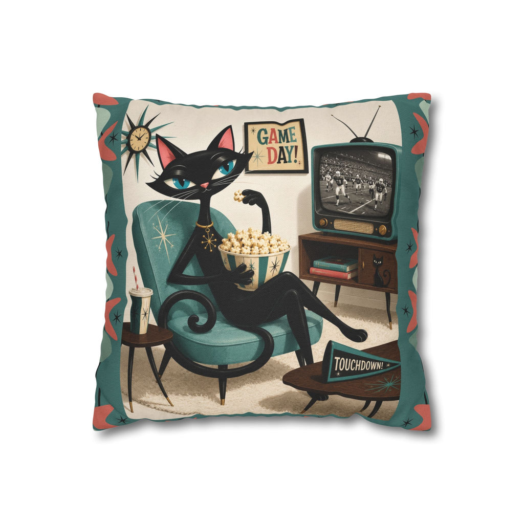 Retro Atomic Black Cat Watching Football Pillowcase | MCM Square Throw Pillowcase - Indoor use