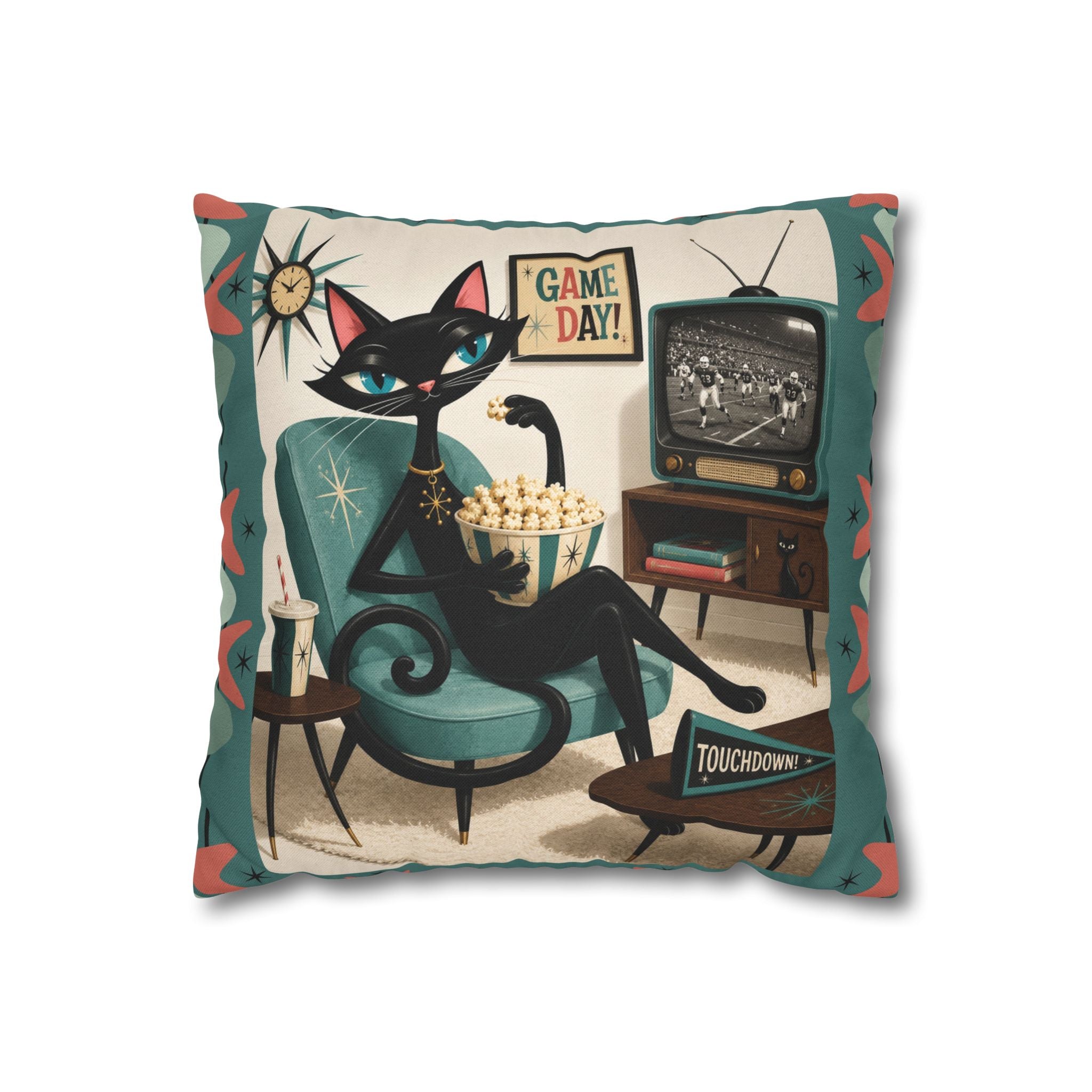 Retro Atomic Black Cat Watching Football Pillowcase | MCM Square Throw Pillowcase - Indoor use