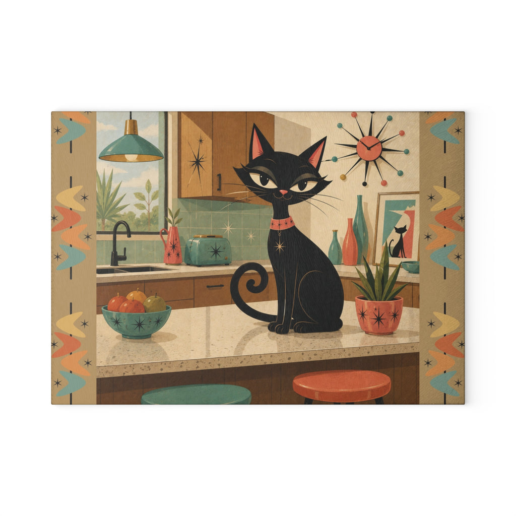 Retro Atomic Black Cat Kitchen Glass Cutting Board | Mid Century Cat Art