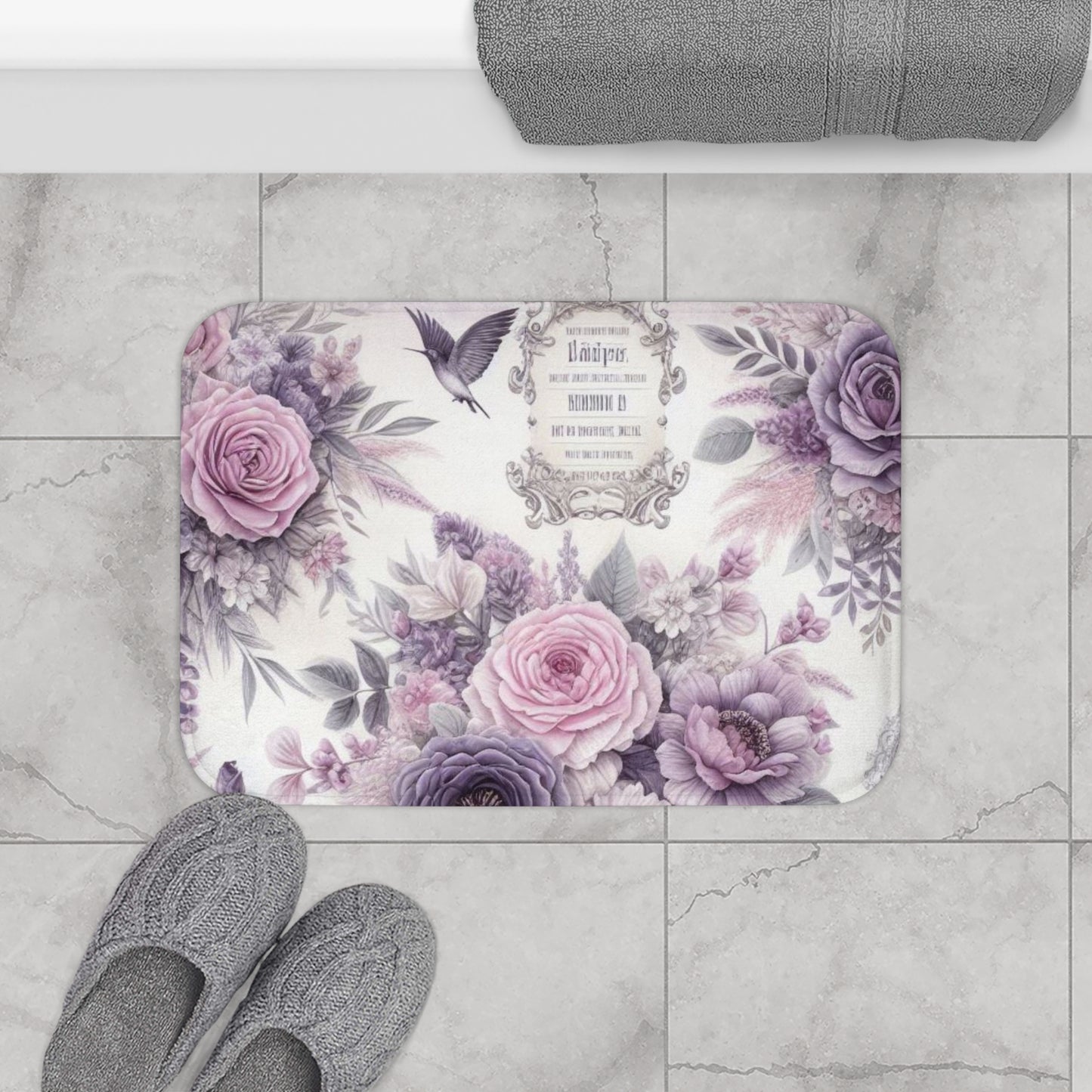 Purple Shabby chic style bathmat, inspired by French vintage, floral bathroom decor