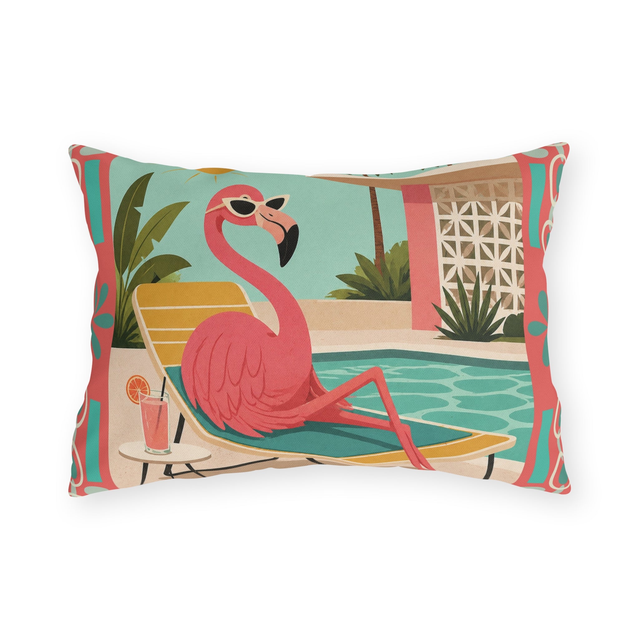 MCM Pink Flamingo Poolside Outdoor Pillow | Retro Mid Century Tropical