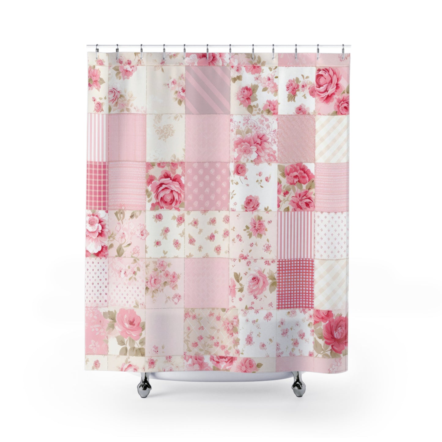 Patchwork (printed look only) Pink floral shabby chic style Shower Curtain, vintage inspired, bathtub, Farmhouse, stall shower curtain