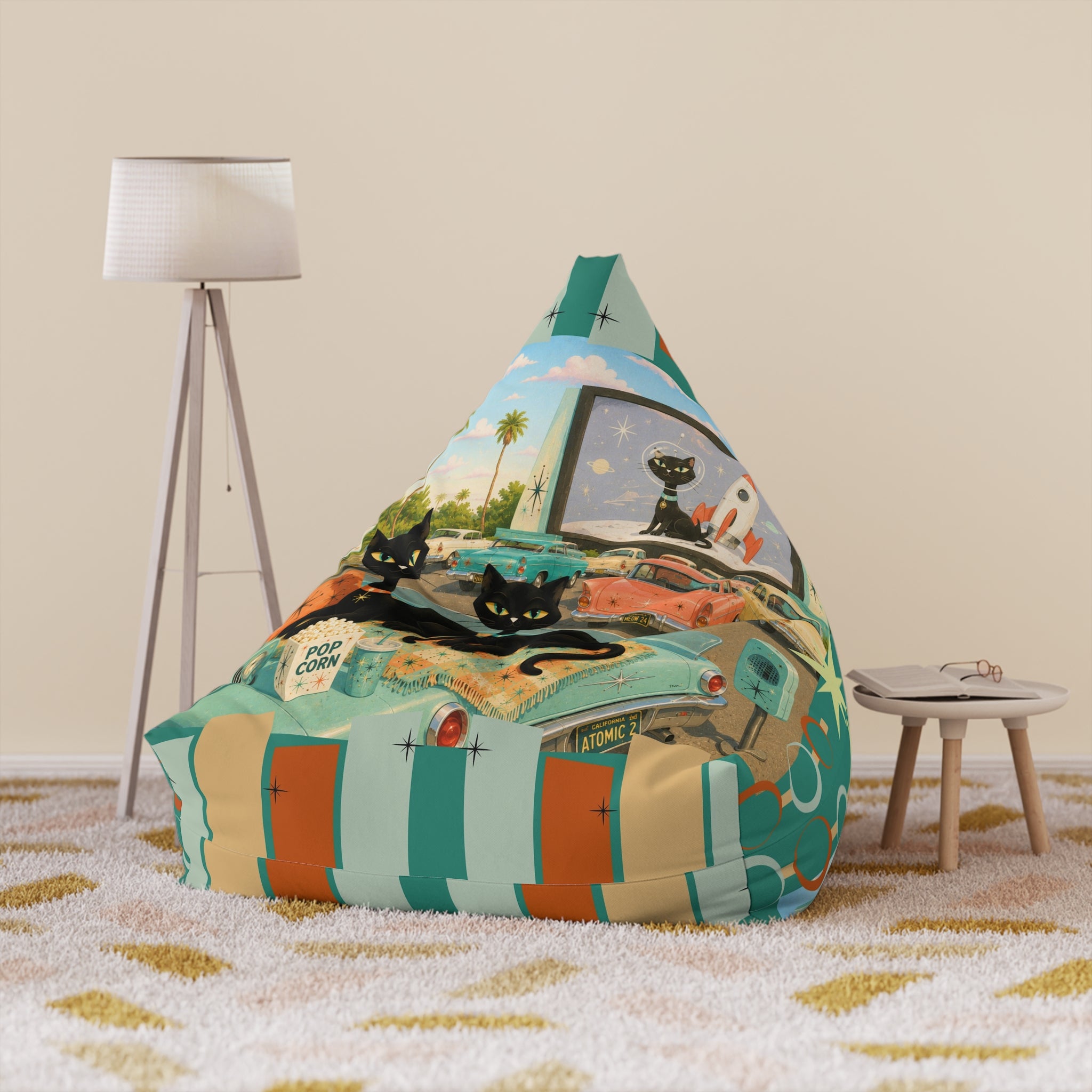 Atomic cat Vintage Road Trip Illustration Bean Bag Chair Cover | Retro Camper Popcorn Palm Trees