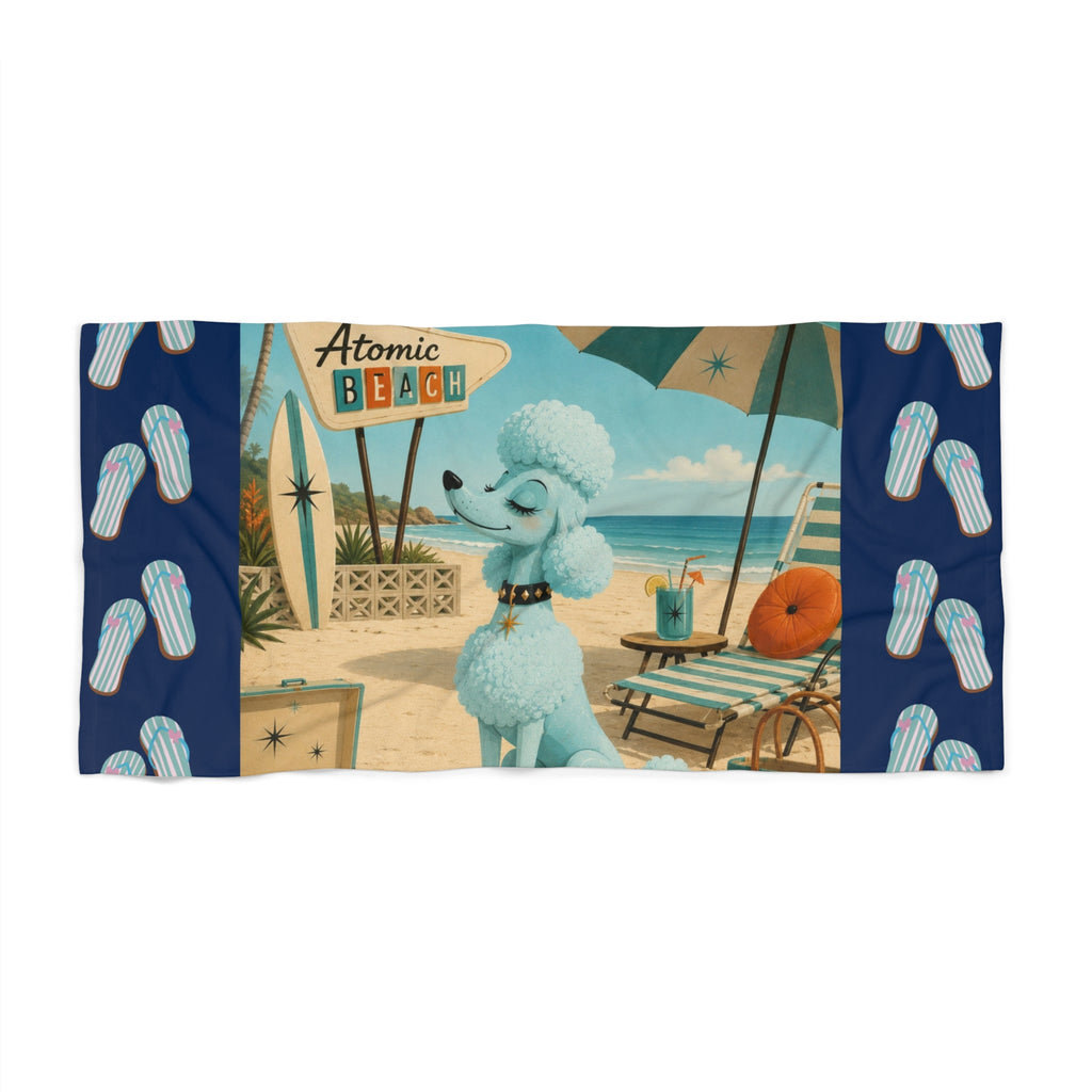Retro Blue Poodle Beach Scene Beach Towel | Flip Flop Border, Vintage Surf, MCM