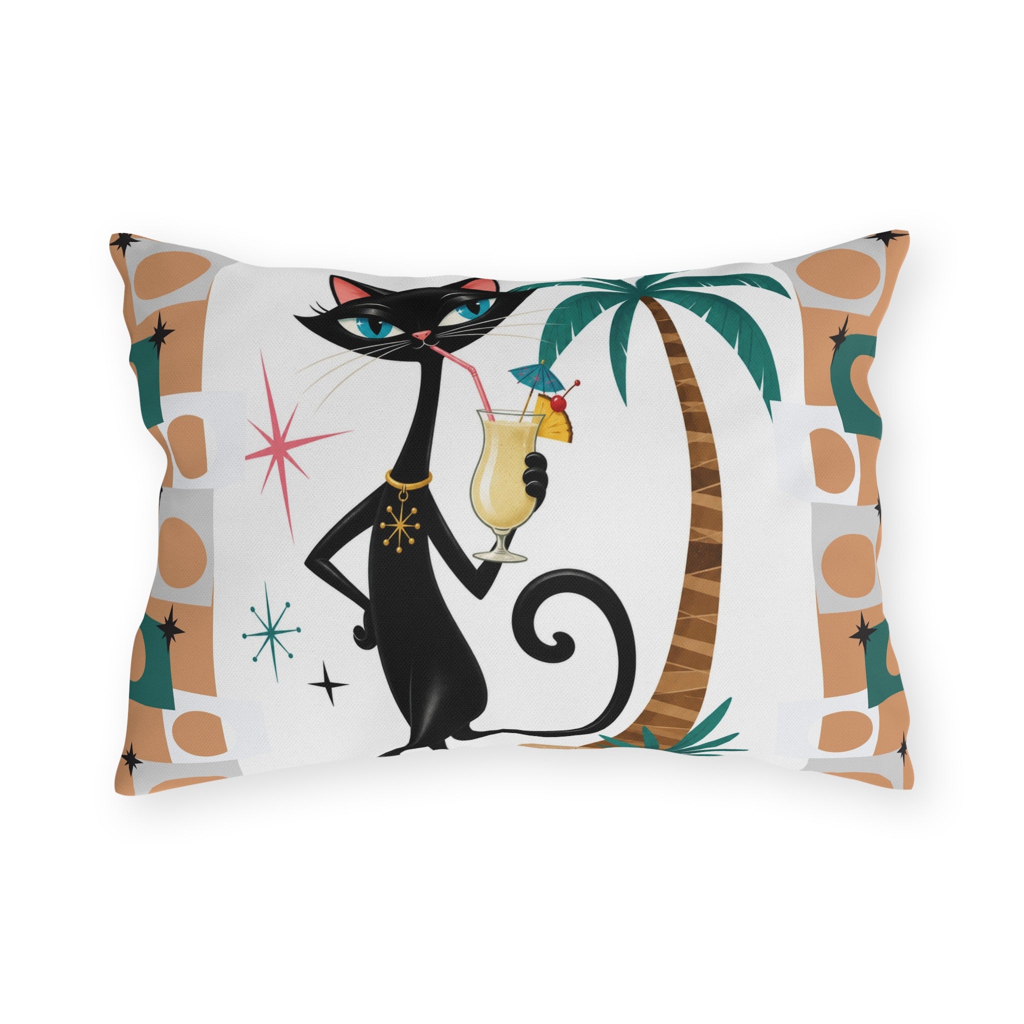 Retro Atomic Black Cat Tiki Outdoor Pillow | Palm Tree Cocktail Cushion