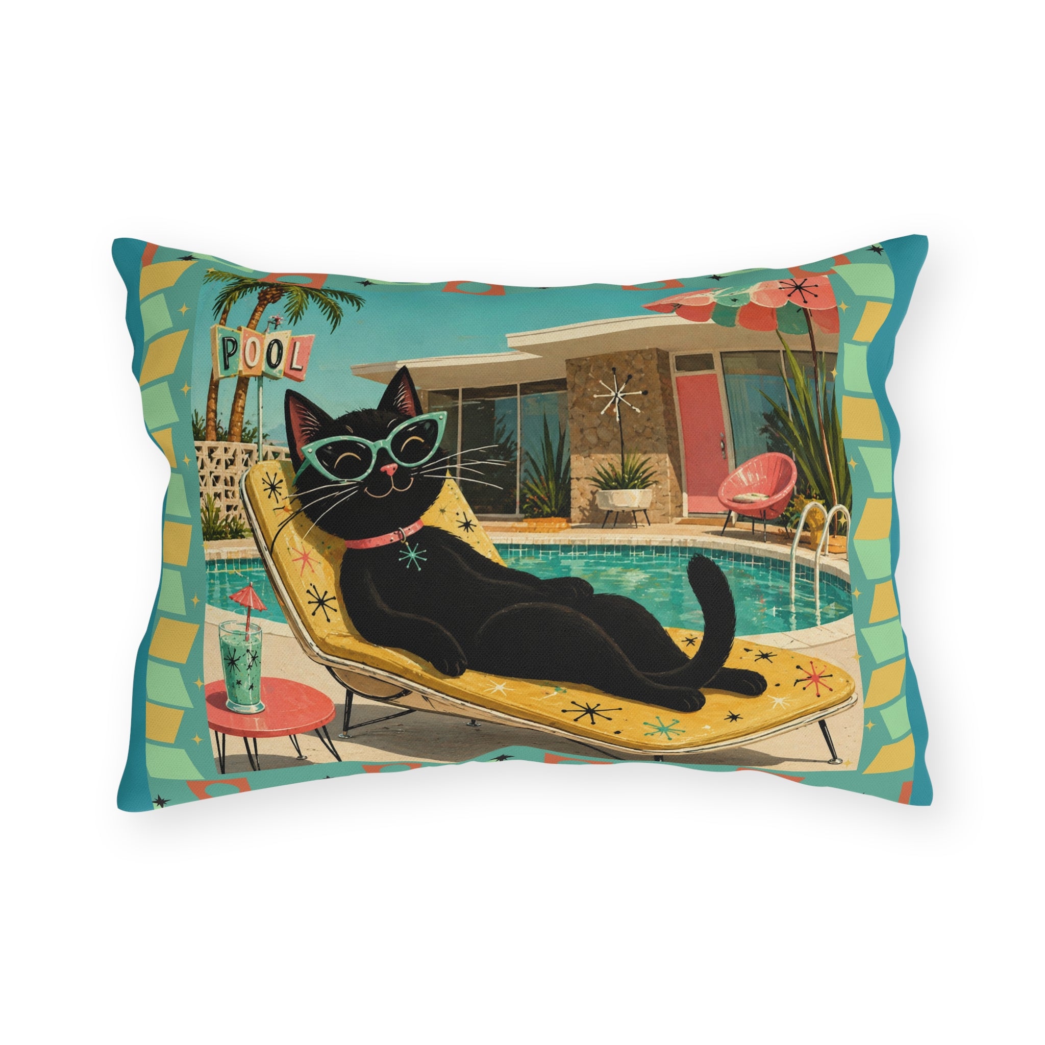 Retro Black Cat Poolside Outdoor Pillow | Mid Century Modern Patio Decor