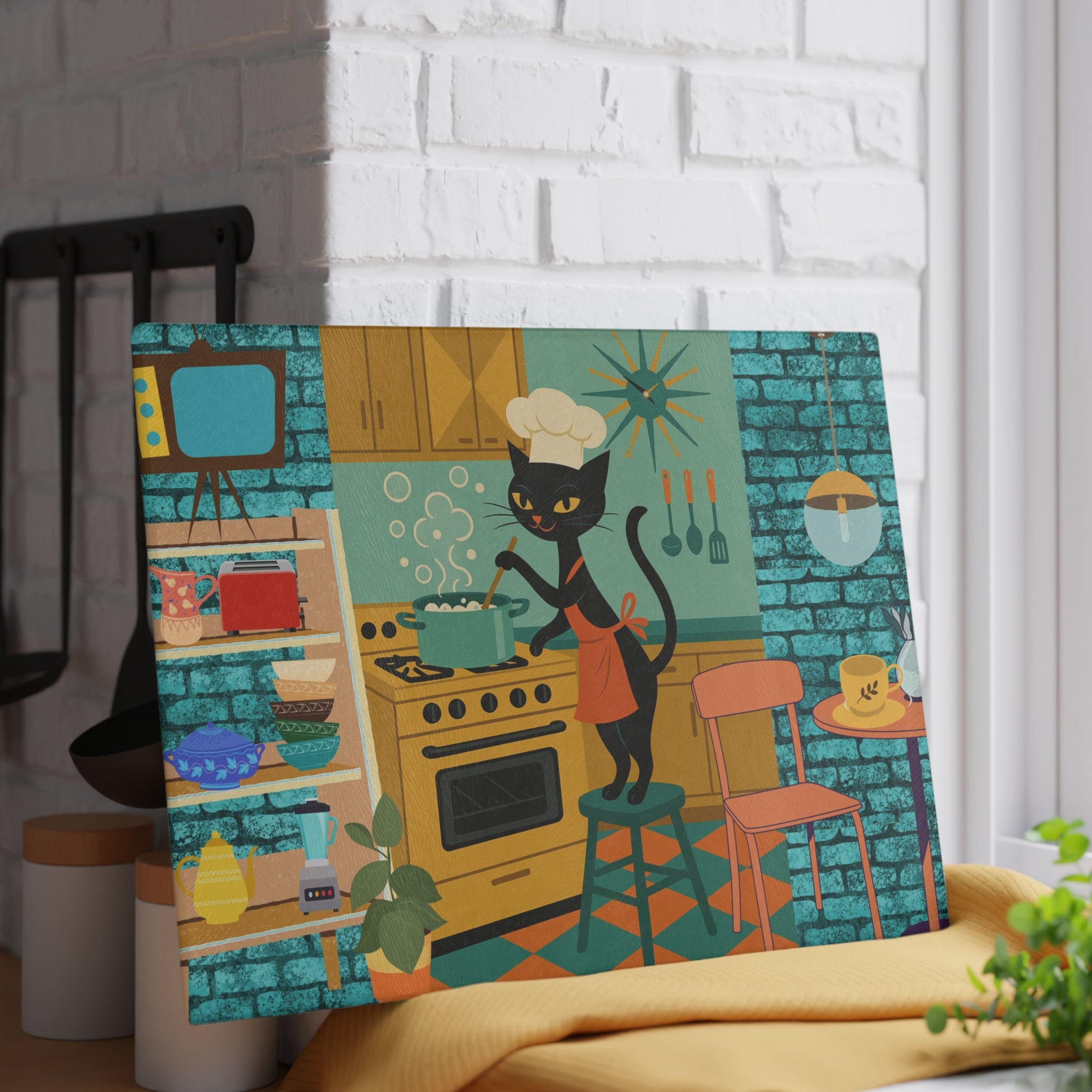 Whimsical Atomic Cat Glass Cutting Board, Retro Kitchen Decor, black Cat Lover Gift, Unique Cooking Accessory, Fun Gift Idea for Home
