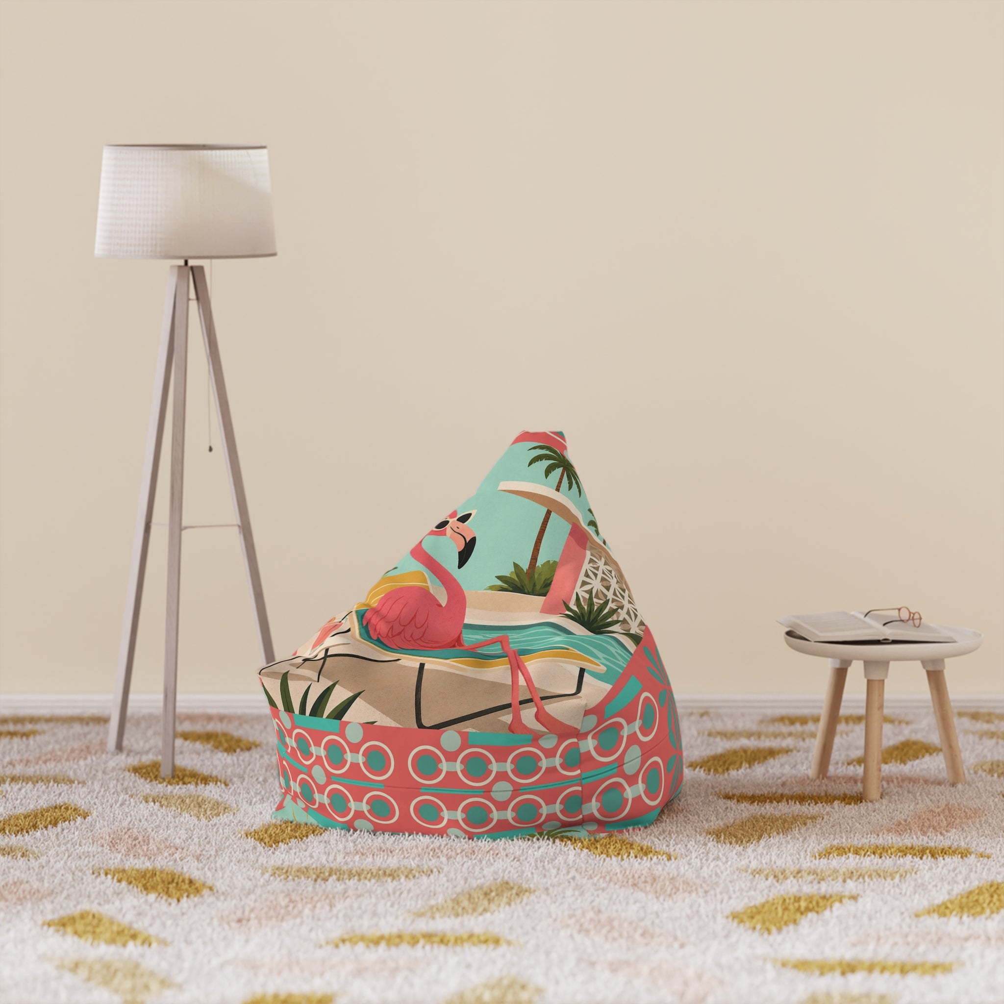 Tropical Pink Flamingo MCM Bean Bag Chair Cover | Retro Geometric Beach Print
