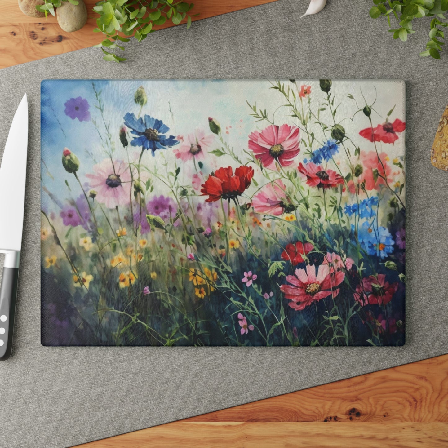 Blooming Beauty: Wildflower Glass Cutting Board for a Natural Kitchen Ambiance