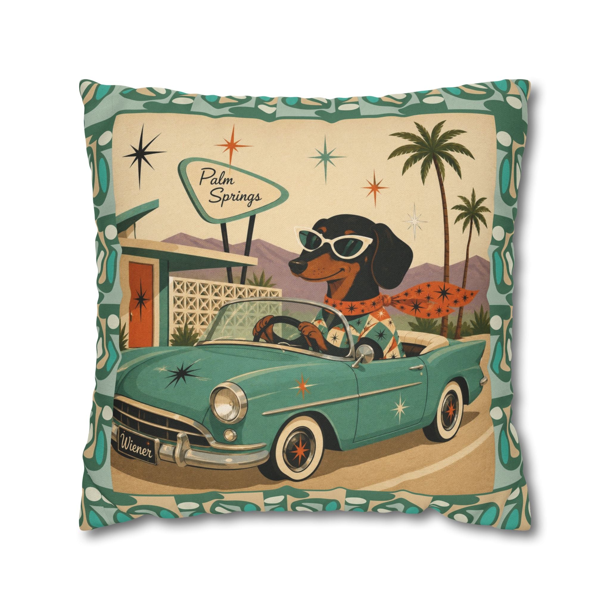 Retro Dachshund Driving Convertible Pillowcase | Palm Springs Vintage Car - COVER ONLY