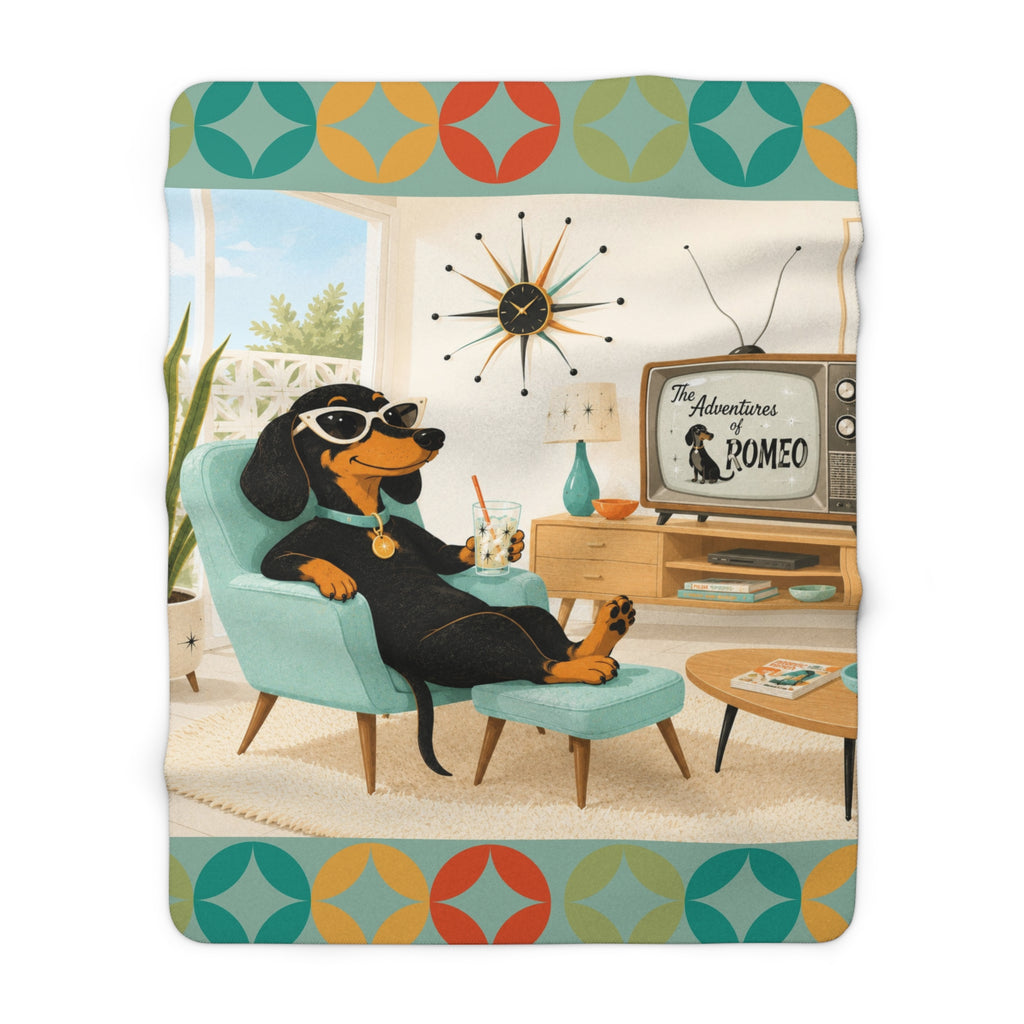 Retro Dachshund Lounge Sherpa Fleece Blanket | Mid Century Dog TV Art
