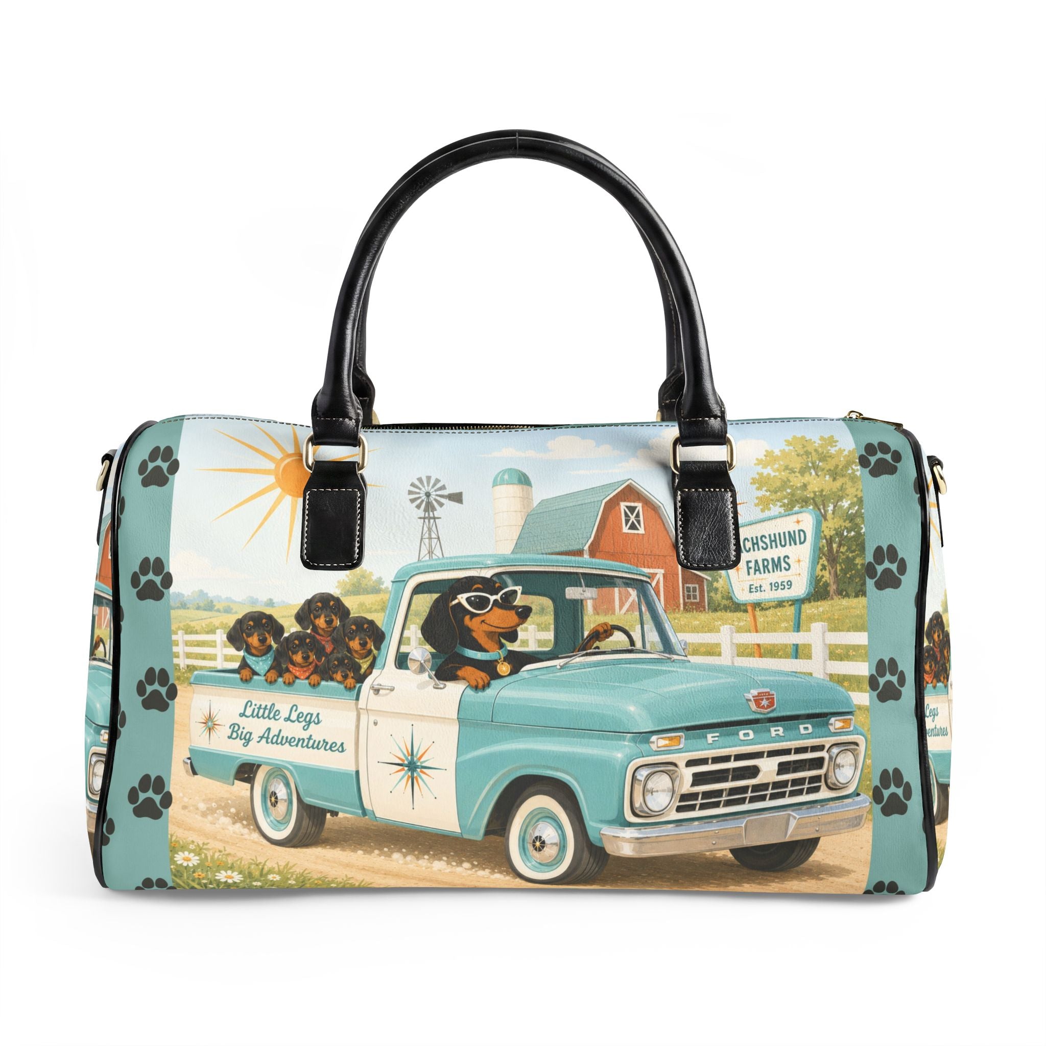 Dachshund Retro Truck Faux Leather Travel Bag | Vintage Farm Road Trip