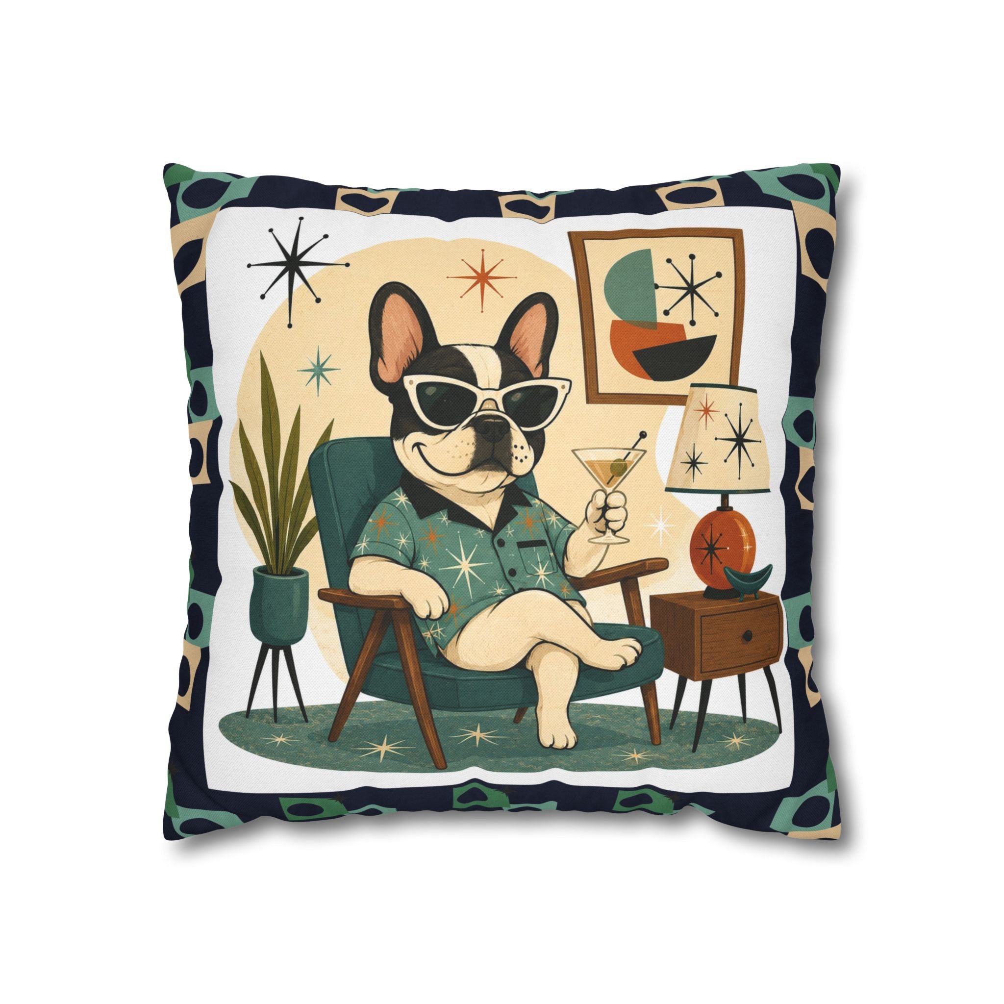 Retro Mid Century French Bulldog Pillowcase | Square Throw Pillowcase - COVER ONLY