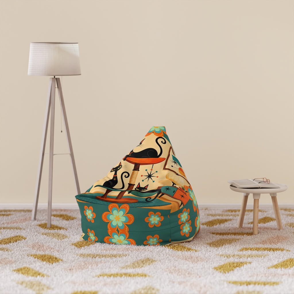 Retro Floral and Atomic Cats Bean Bag Chair Cover | Mid Century Modern Cat Pattern