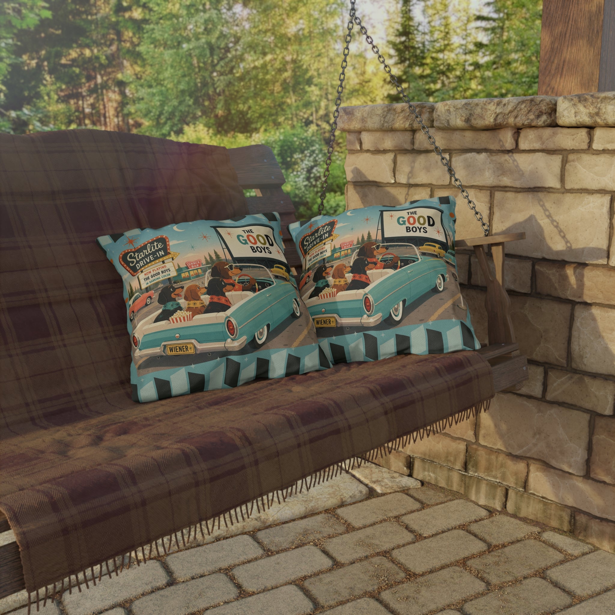 MCM Dachshund Drive-In Dogs Retro Art Outdoor Pillow | Vintage Movie Night