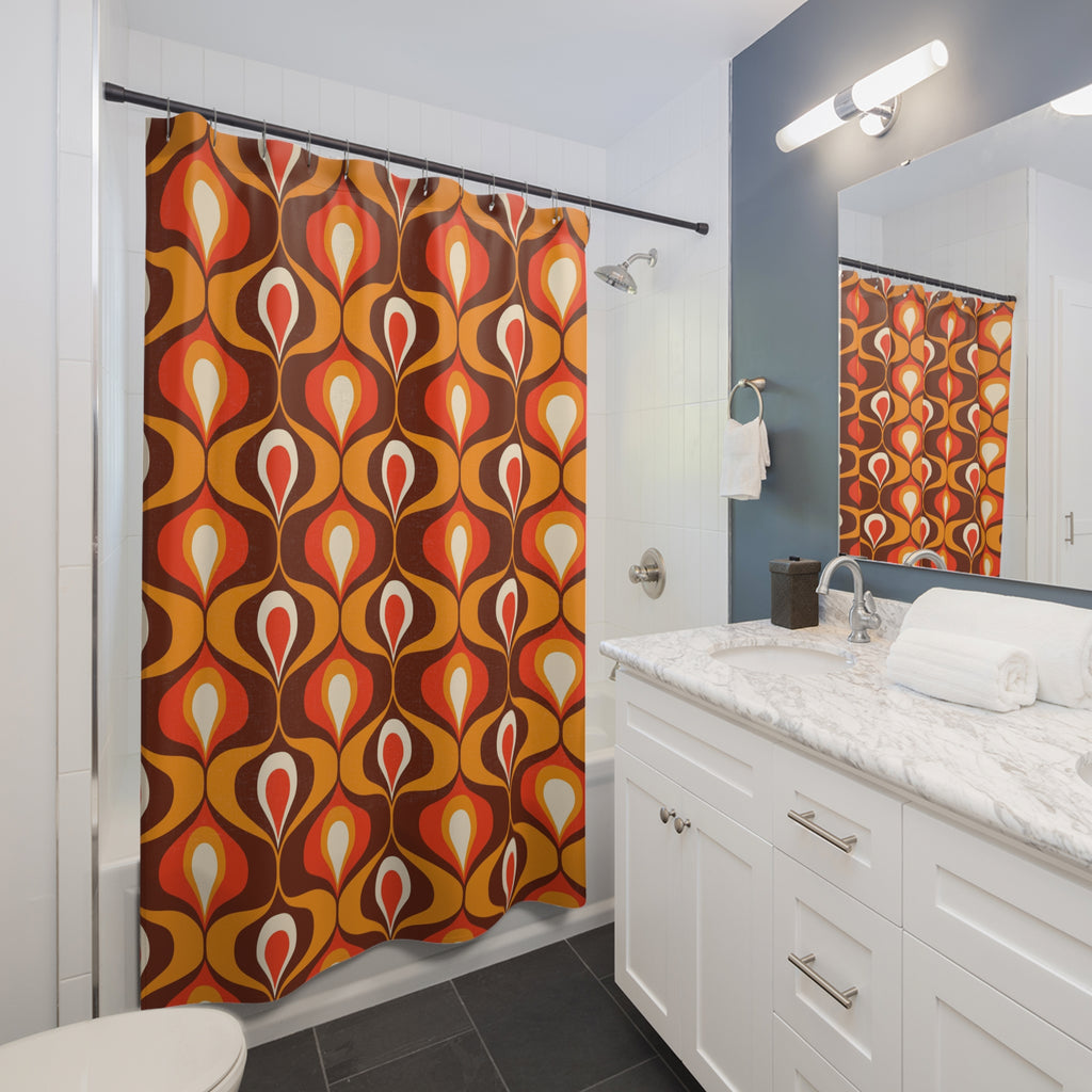 Retro 1970s Geometric Shower Curtain — Orange Brown Mod Pattern