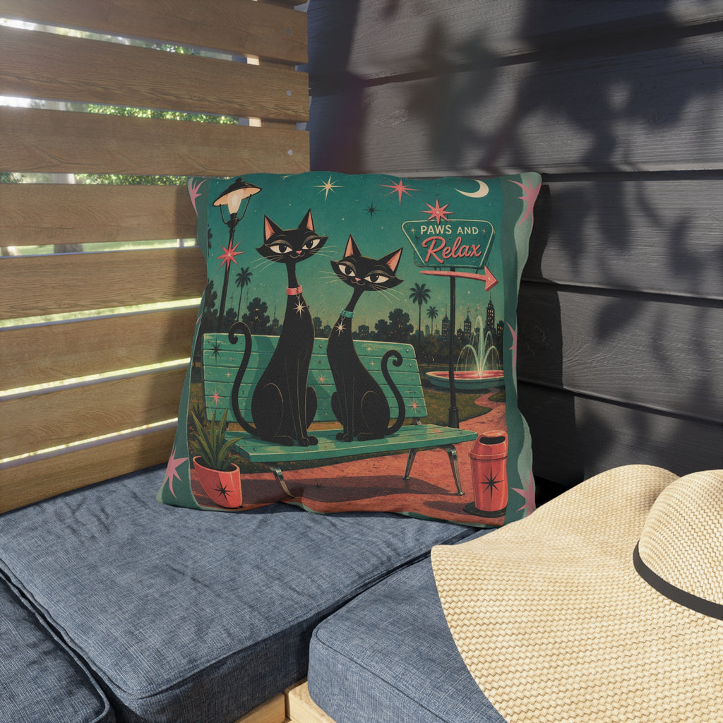 Retro Black Cats Outdoor Pillow | Mid Century Park 'Paws and Relax'