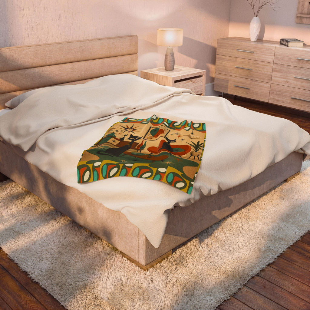 Mid Century Retro Atomic Black Cats Velveteen Plush Blanket | Vintage Atomic Living Room