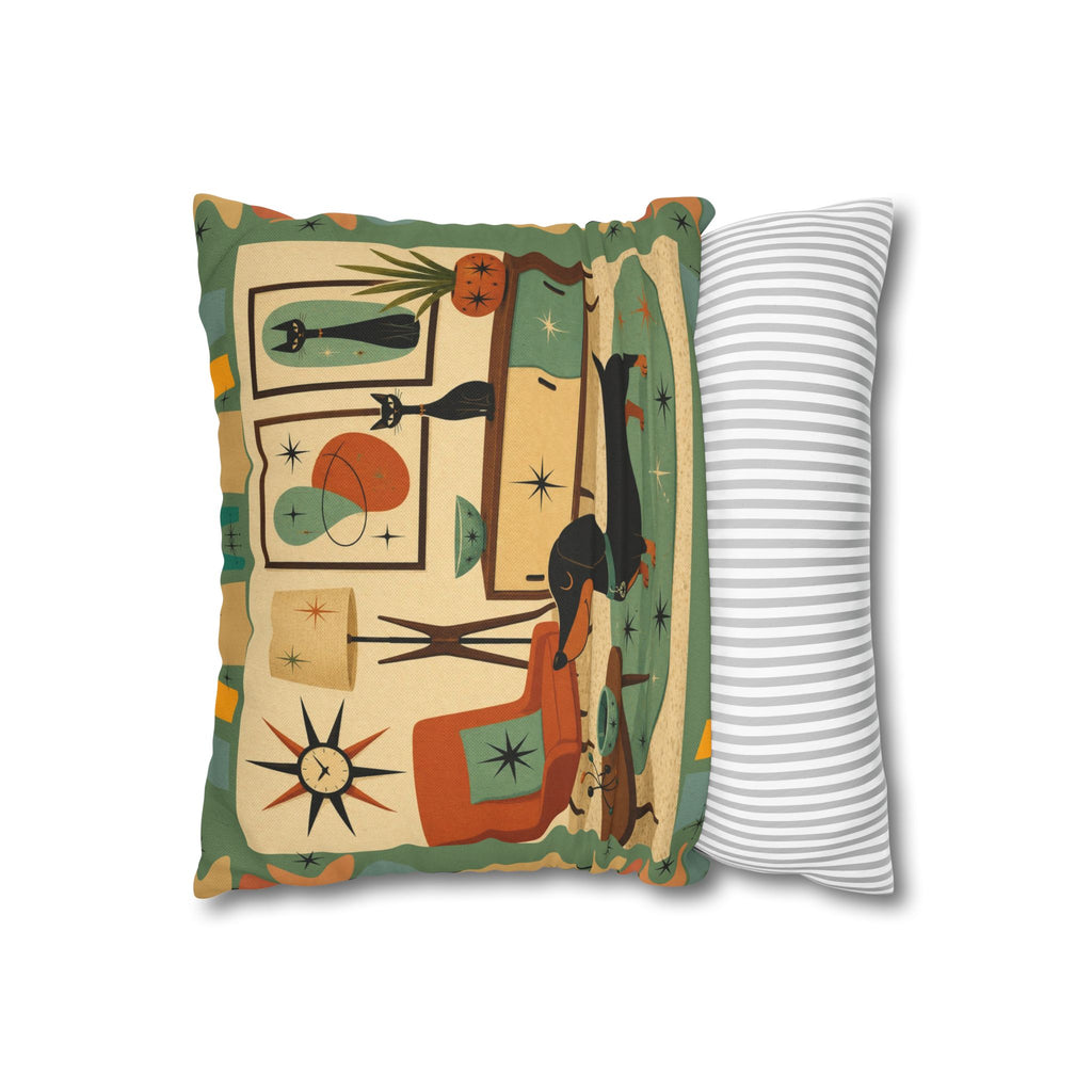 Mid-Century Living Room Dachshund Pillowcase | Square Pillowcase - COVER ONLY